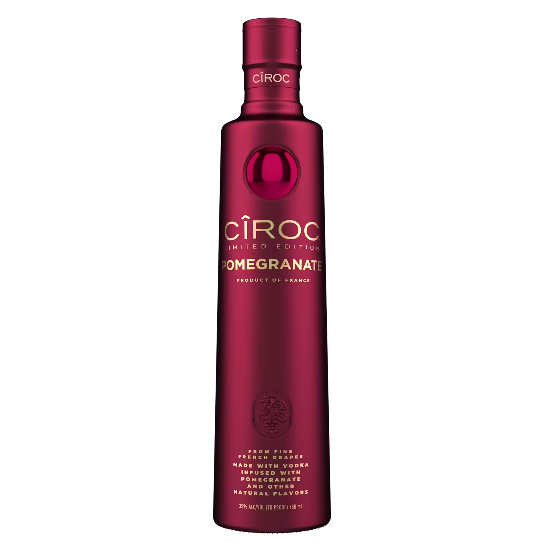 A tall, red bottle of Ciroc Pomegranate vodka with gold text and branding, labeled as a limited edition product of France.
