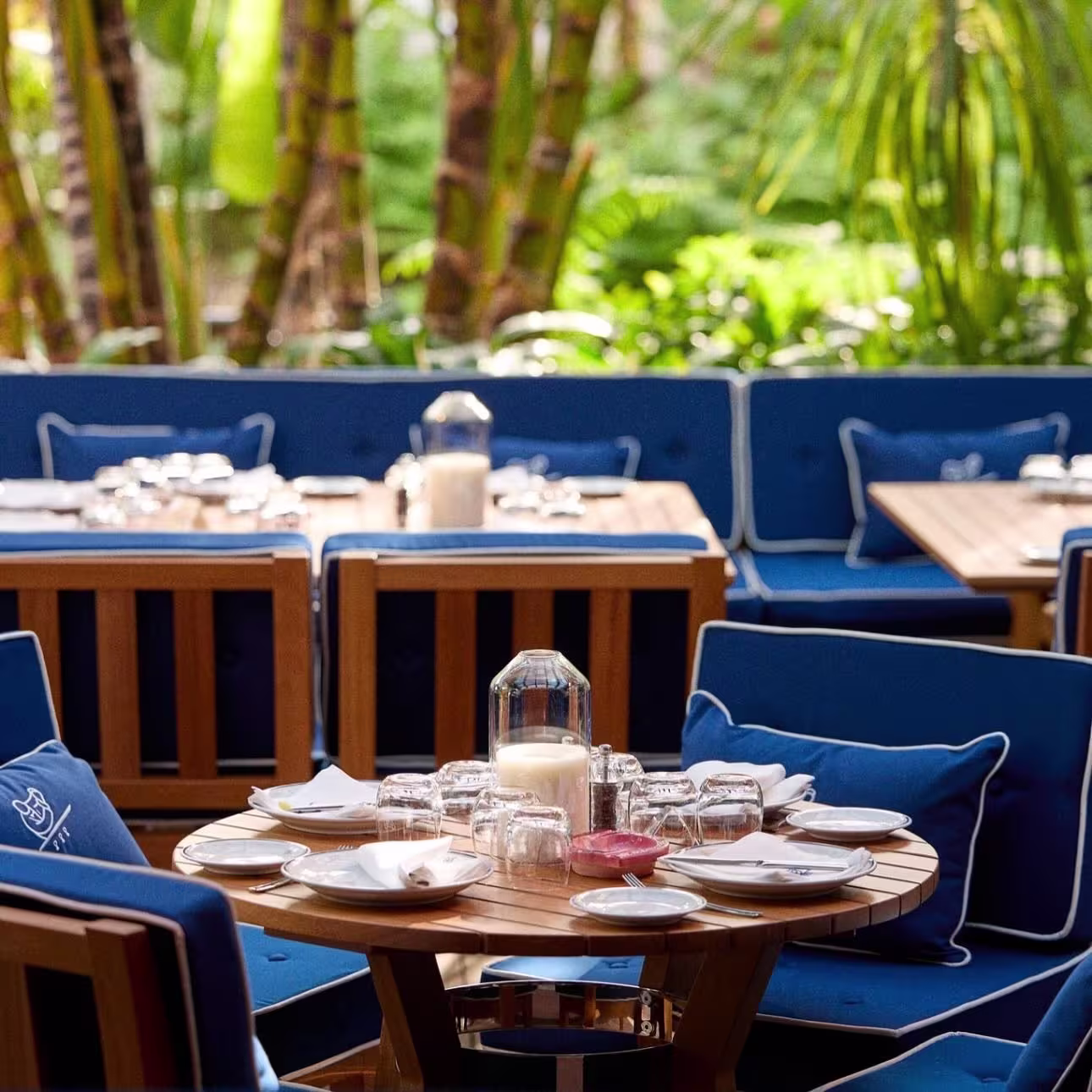 Terraza de Cipriani, con mesas de madera, cojines azules y un entorno tropical que crea un ambiente relajado y sofisticado.