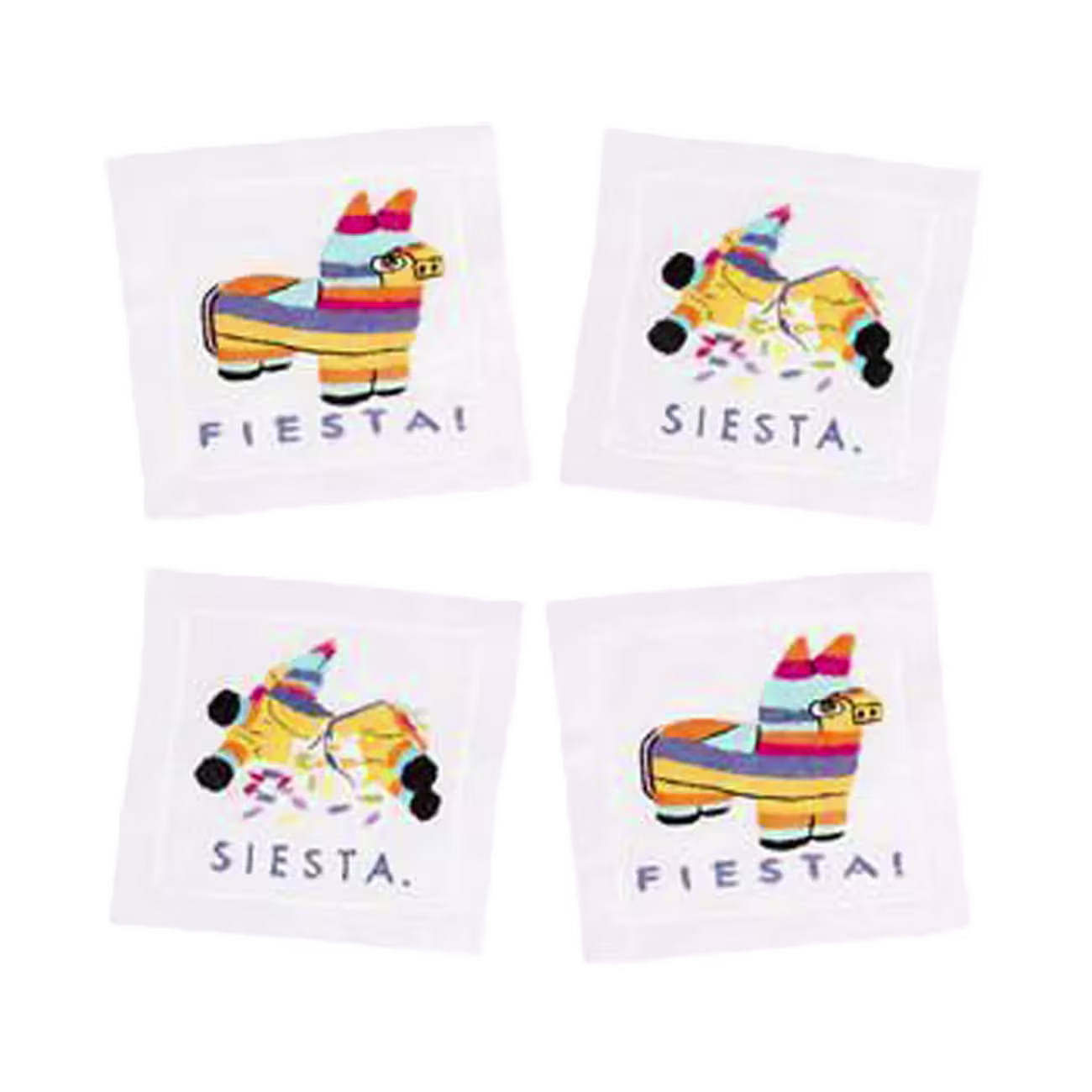 Four white napkins with colorful piñata illustrations; two say FIESTA! and two show a resting piñata with the word SIESTA. Confetti surrounds the piñatas.