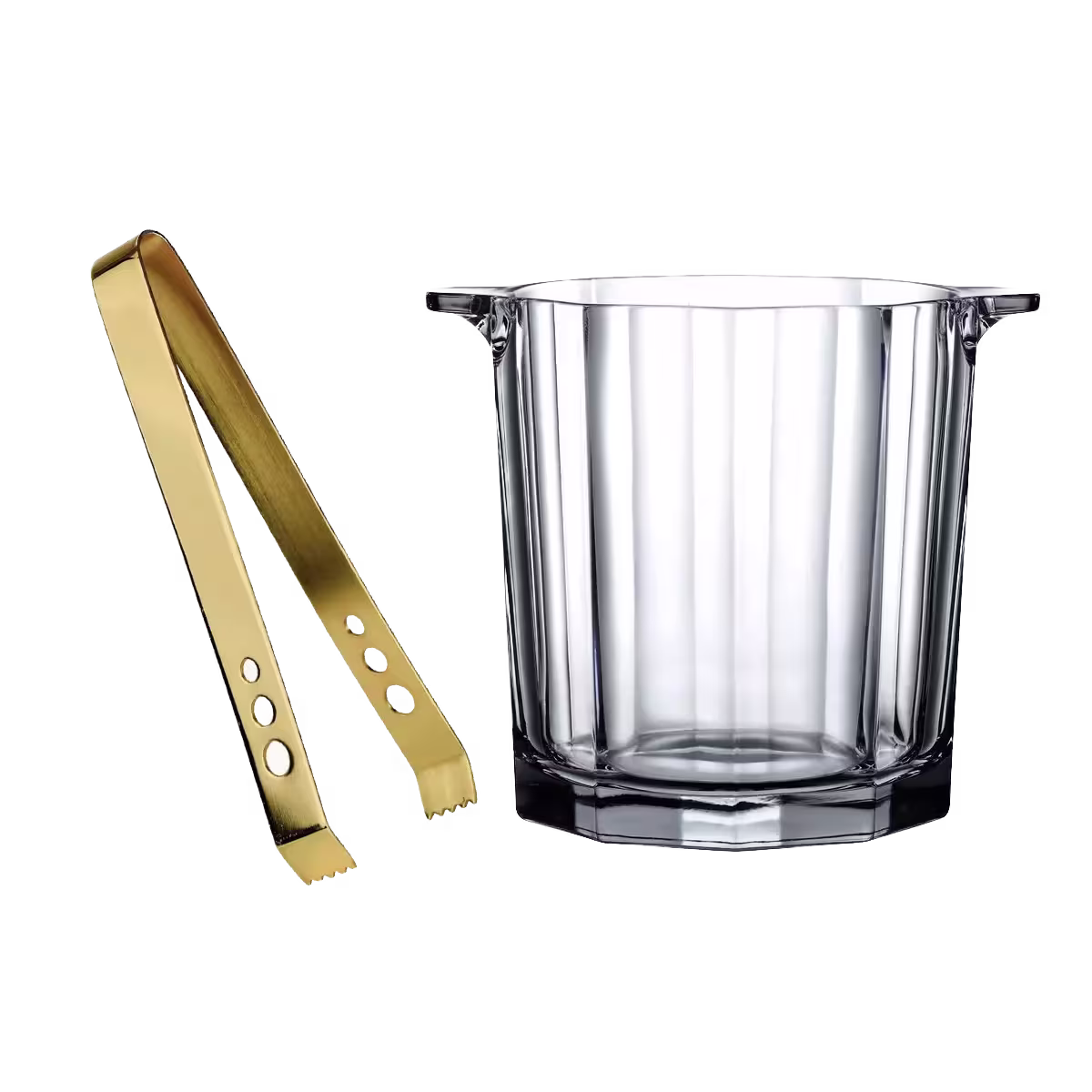 Clear glass ice bucket with fluted sides, shown next to a pair of gold metal ice tongs with holes and ridged gripping ends, against a black background.