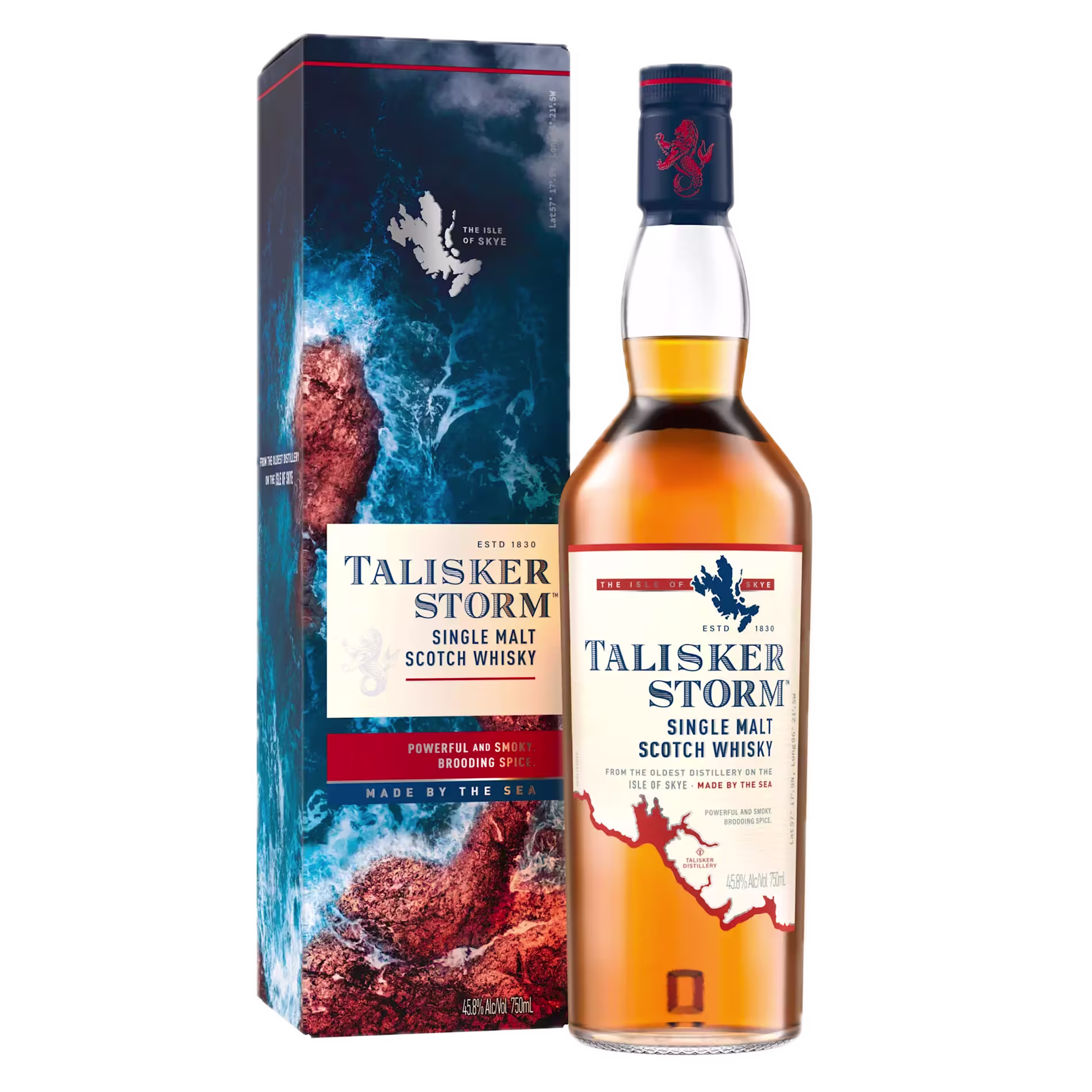 A bottle of Talisker Storm Single Malt Scotch Whisky stands next to its branded box, both featuring a blue ocean and rocky coast design.