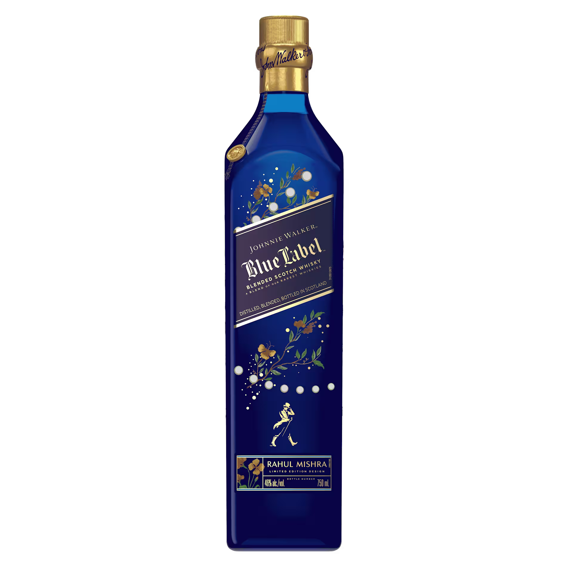 A blue bottle of Johnnie Walker Blue Label Blended Scotch Whisky featuring a gold cap and decorative floral illustrations.