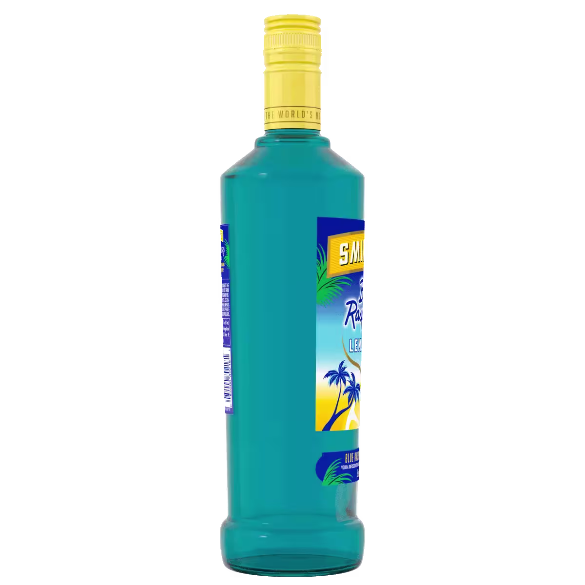A blue bottle of Smirnoff Ice, flavored alcoholic beverage, with a yellow cap and tropical-themed label, shown against a plain background.