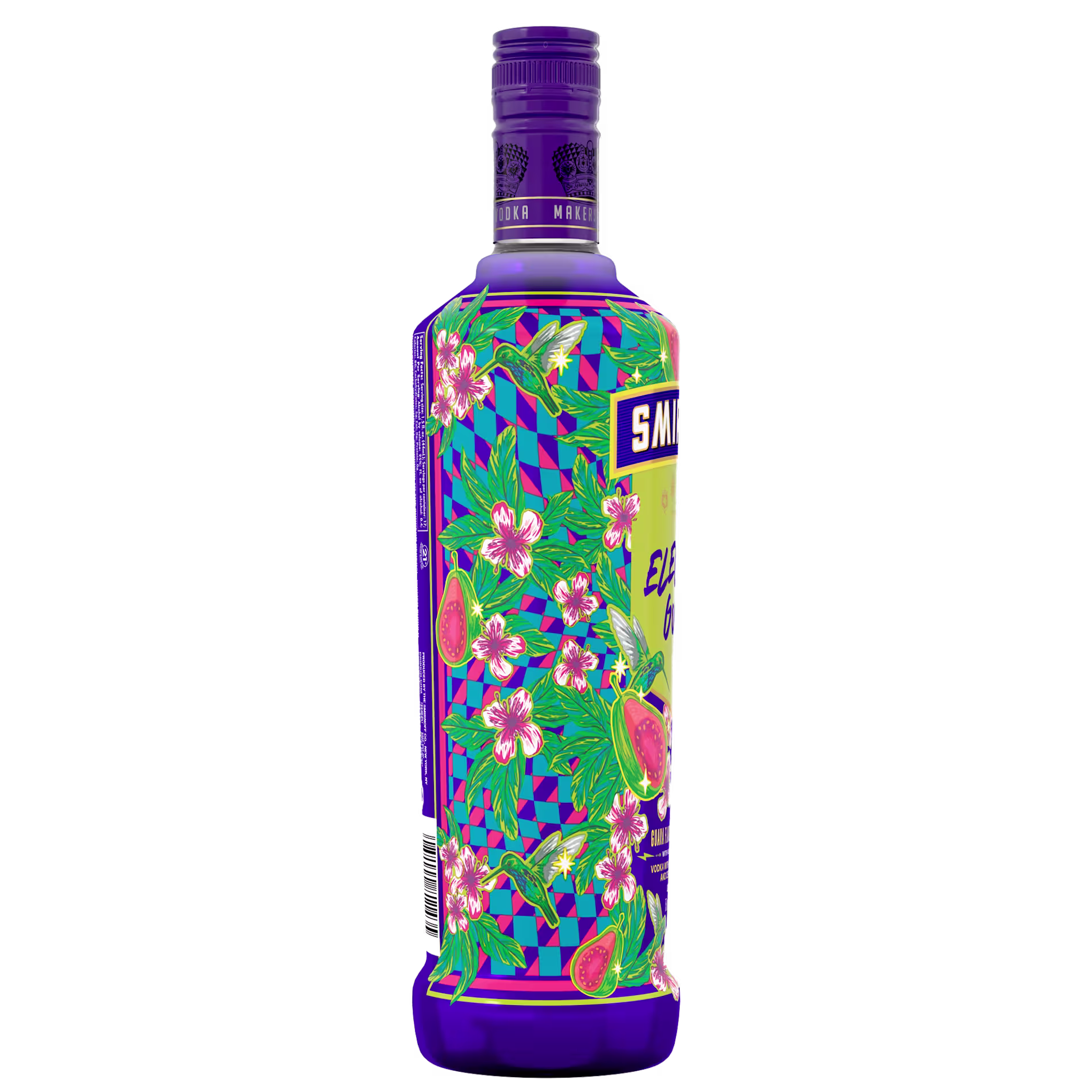 A purple bottle featuring a vibrant floral and fruit pattern with green leaves, pink flowers, and figs, partially showing the Smirnoff logo.