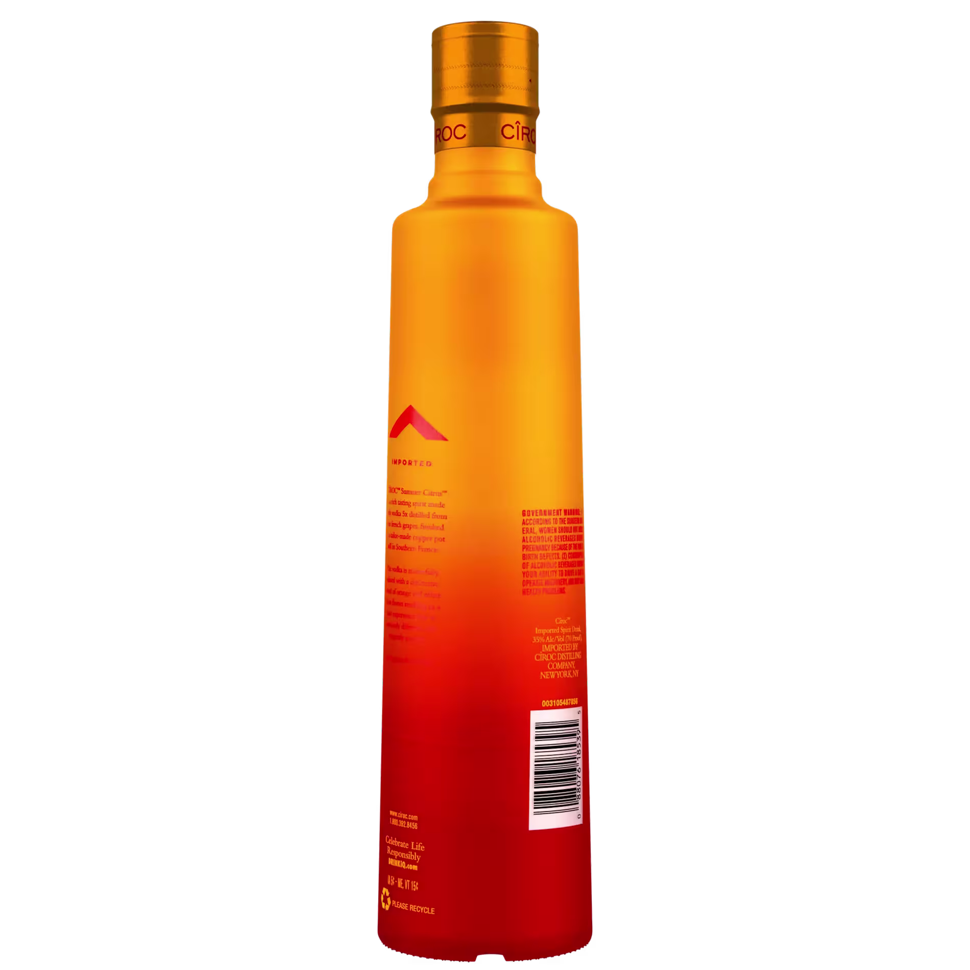 A gradient orange-to-red bottle with a gold cap, featuring text, a barcode, and branding elements on the back label.