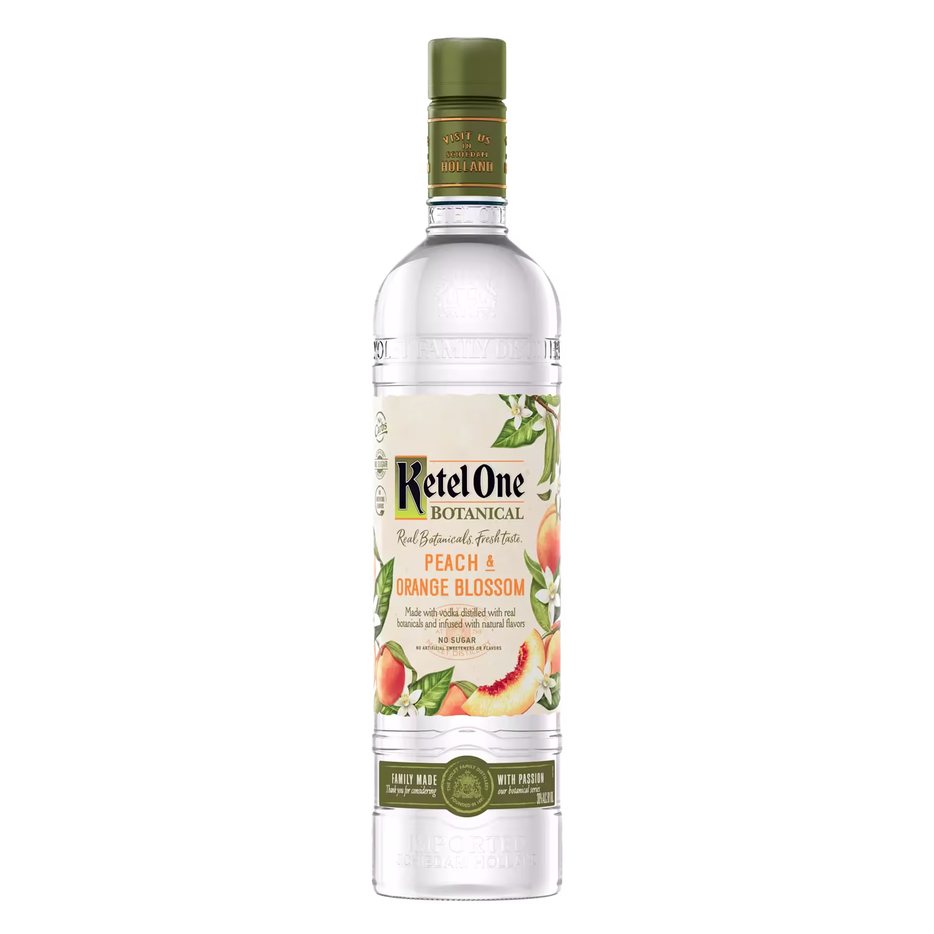 A bottle of Ketel One Botanical Peach & Orange Blossom vodka, featuring a green cap and a label with peach and orange blossom illustrations.