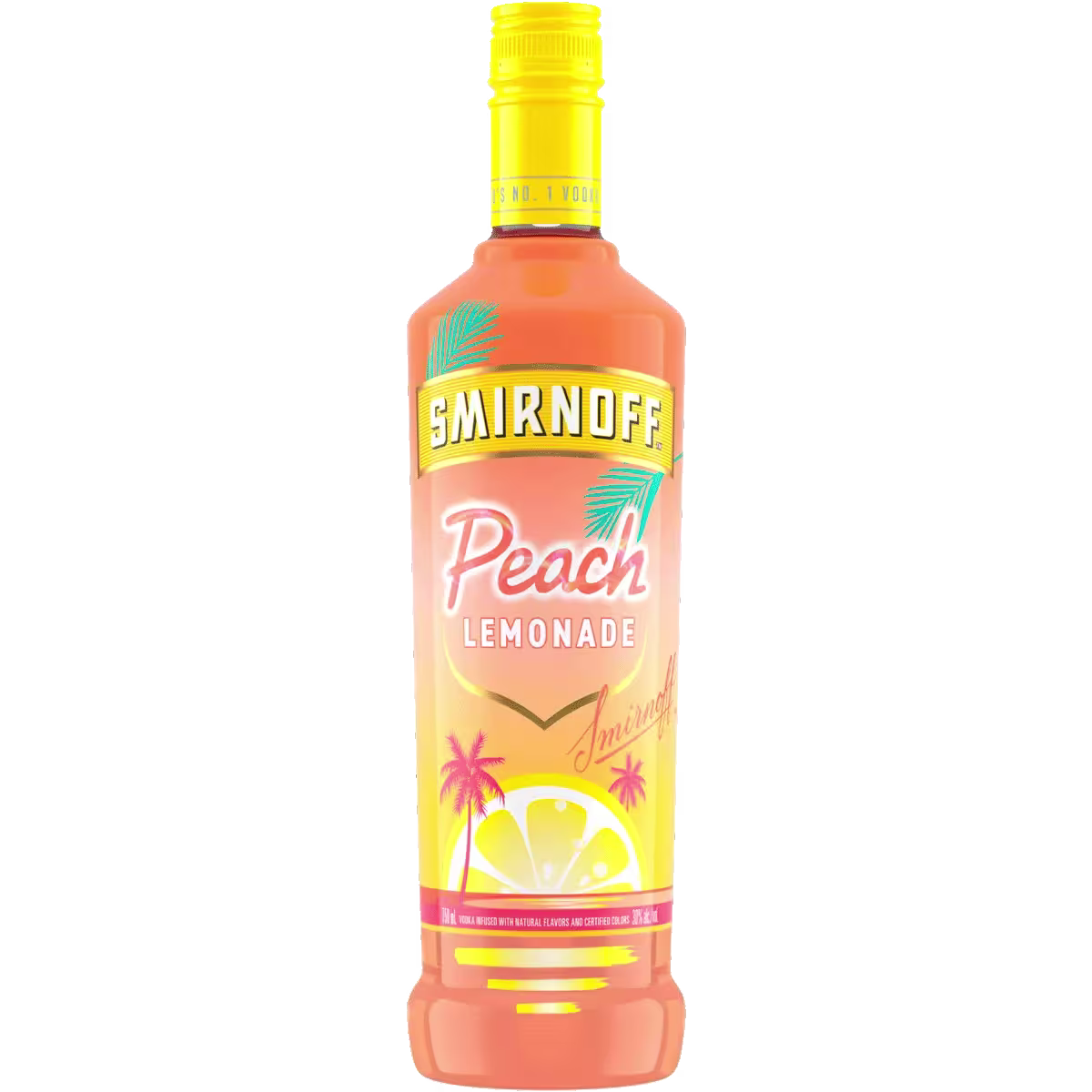 A bottle of Smirnoff Peach Lemonade flavored vodka with a yellow cap and peach-colored label featuring images of peaches, lemons, and palm trees.