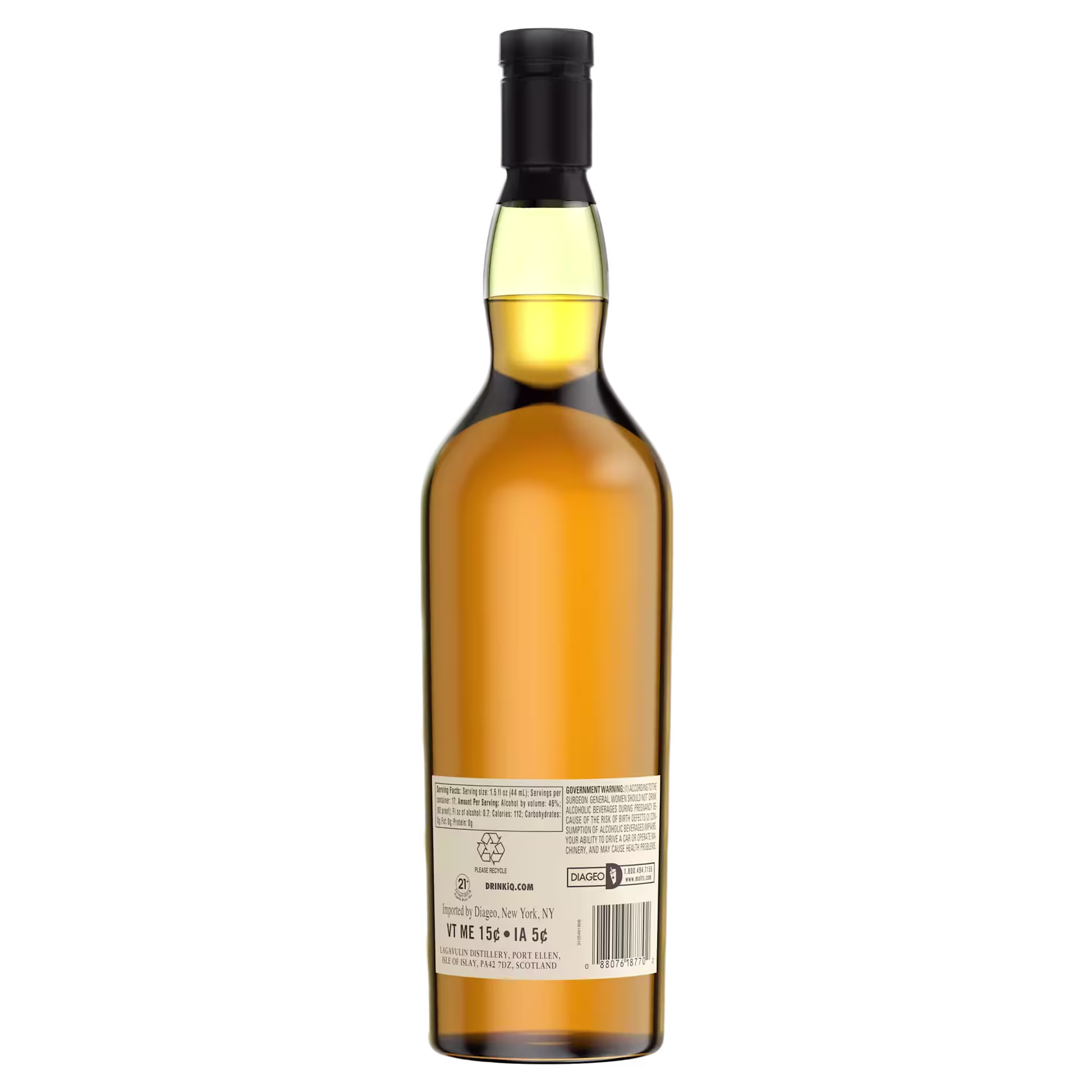 A bottle of amber-colored liquor shown from the back, displaying the label with product and recycling information.