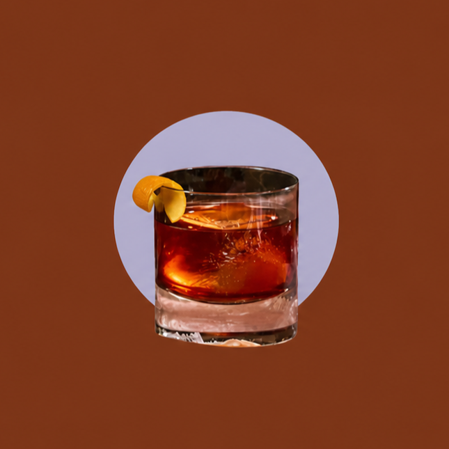 A glass of cocktail with an orange twist garnish on a brown background, labeled Rocks, with suggested drinks including White Russian, scotch on the rocks, rum and cola, and neat pours.