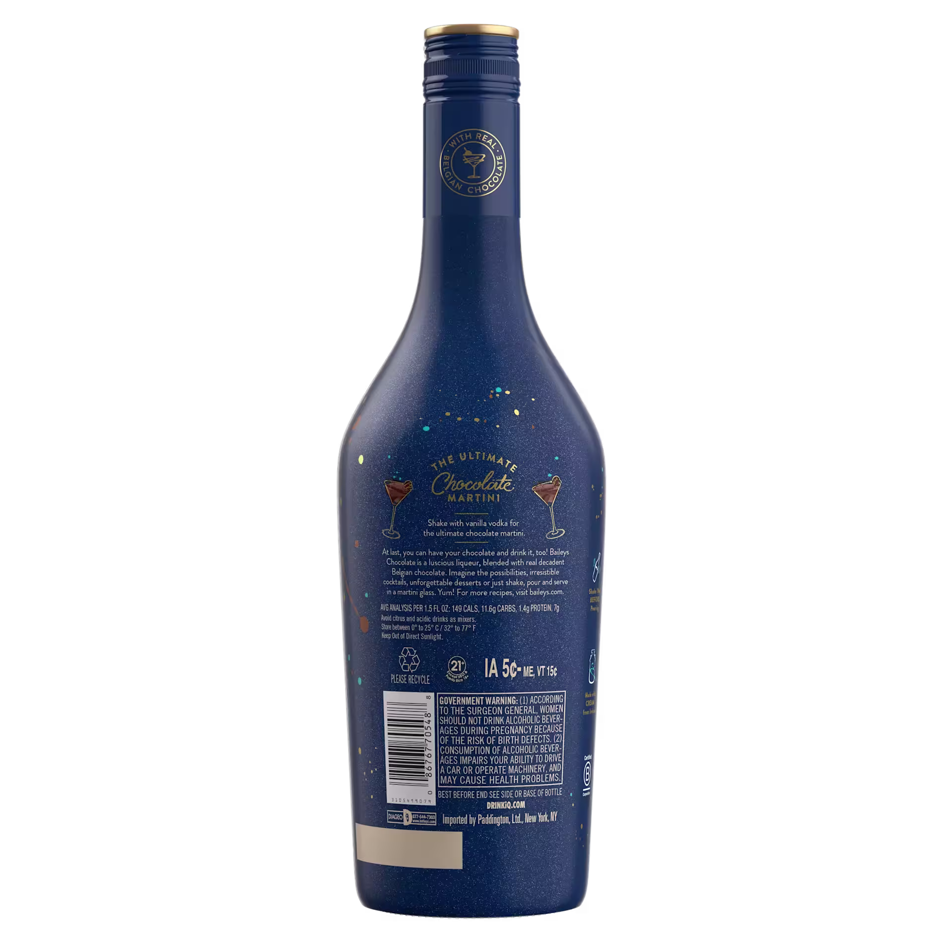 A blue bottle labeled The Ultimate Chocolate Martini with product details, symbols, and barcode visible on the back.
