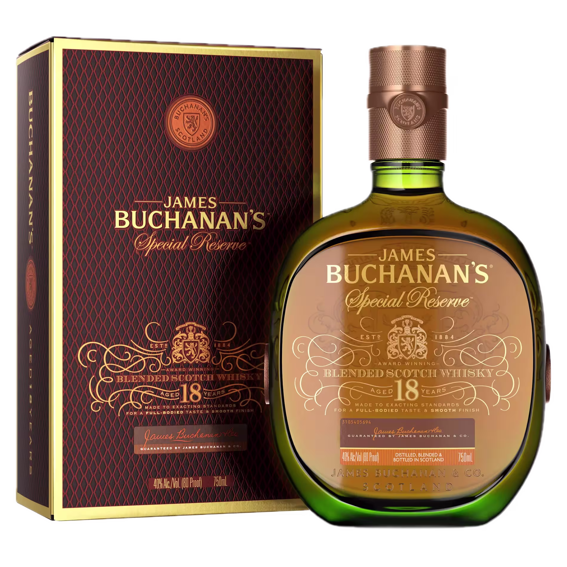 A bottle of James Buchanan’s Special Reserve 18 blended Scotch whisky is shown next to its matching decorative box.
