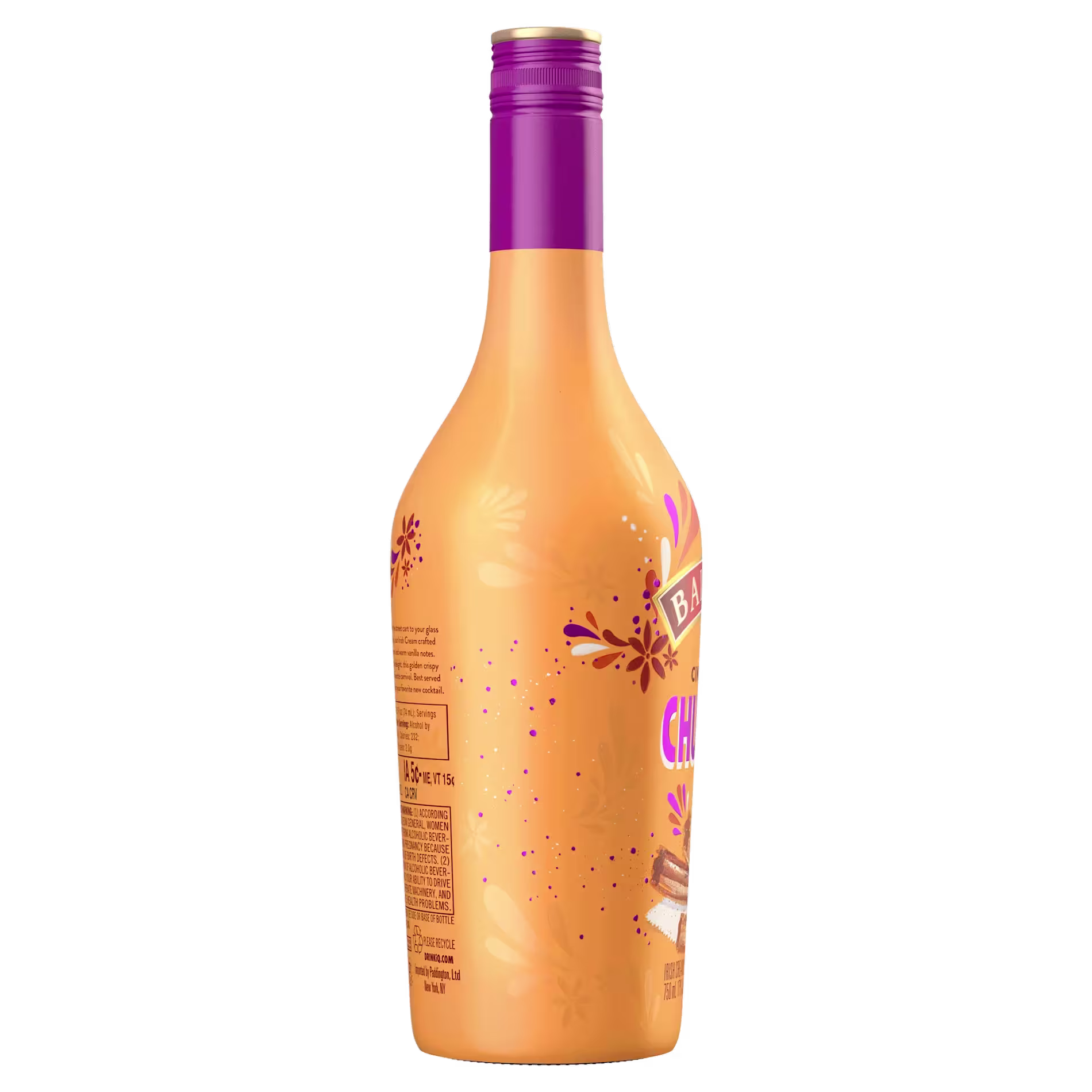 A tall, orange bottle with a purple cap, featuring partial decorative graphics and text, photographed against a plain background.