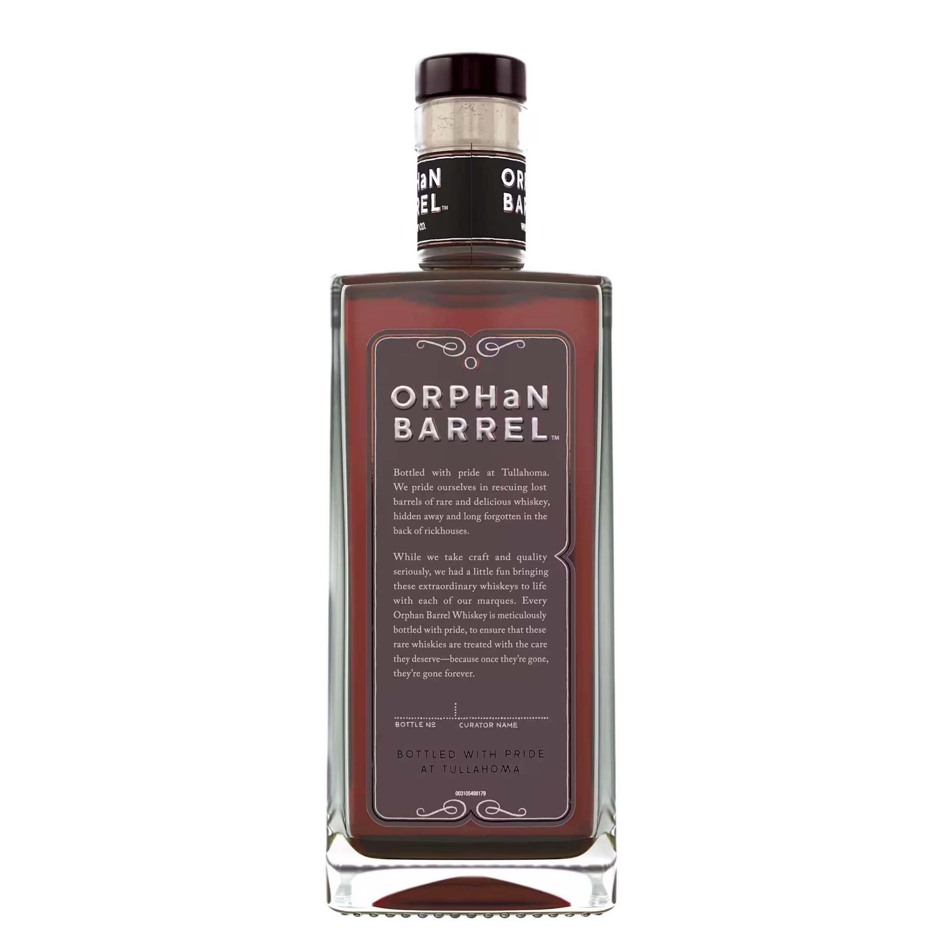 A rectangular bottle of Orphan Barrel whiskey with a brown label, silver cap, and decorative text describing the product’s origin and bottling location in Tullahoma.