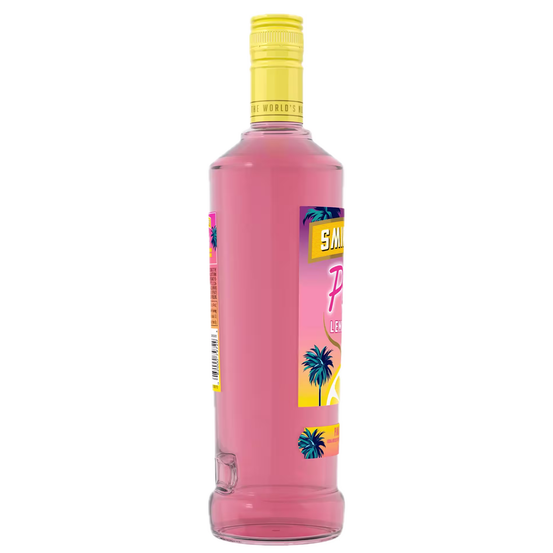 A bottle of Smirnoff Pink Lemonade vodka with a yellow cap and a pink label decorated with palm trees.