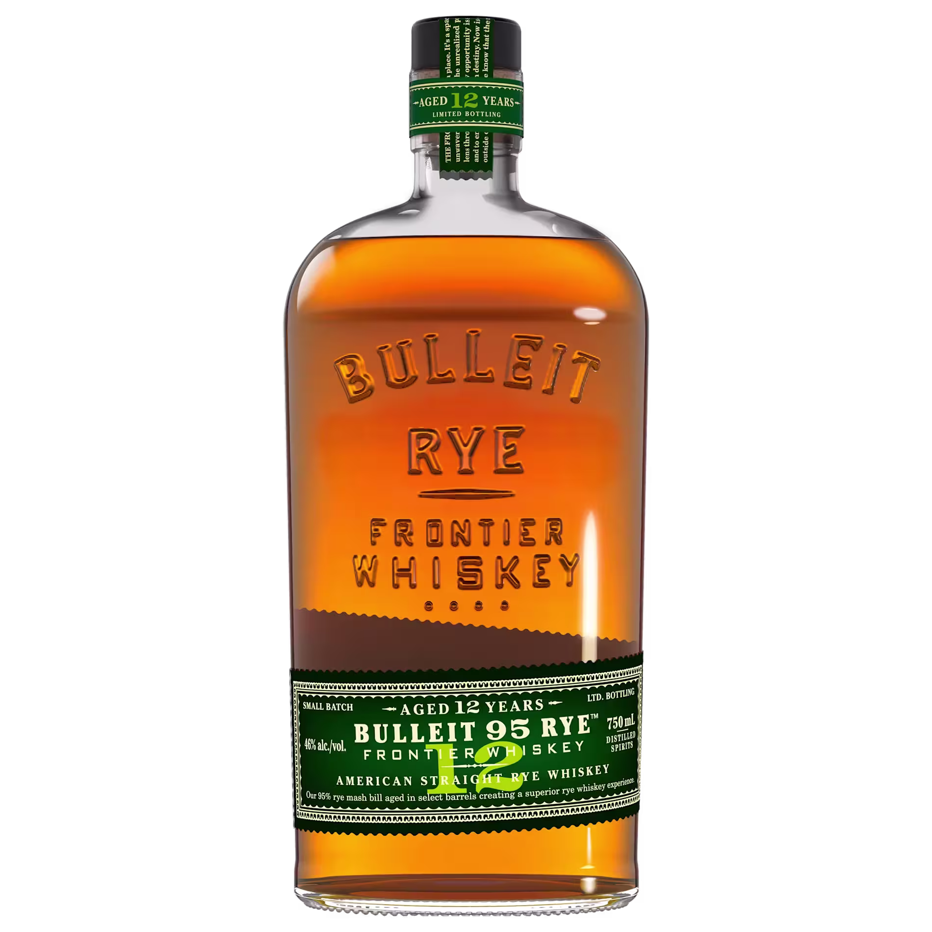 A bottle of Bulleit Rye Frontier Whiskey, aged 12 years, with a green and gold label and cap on a plain background.