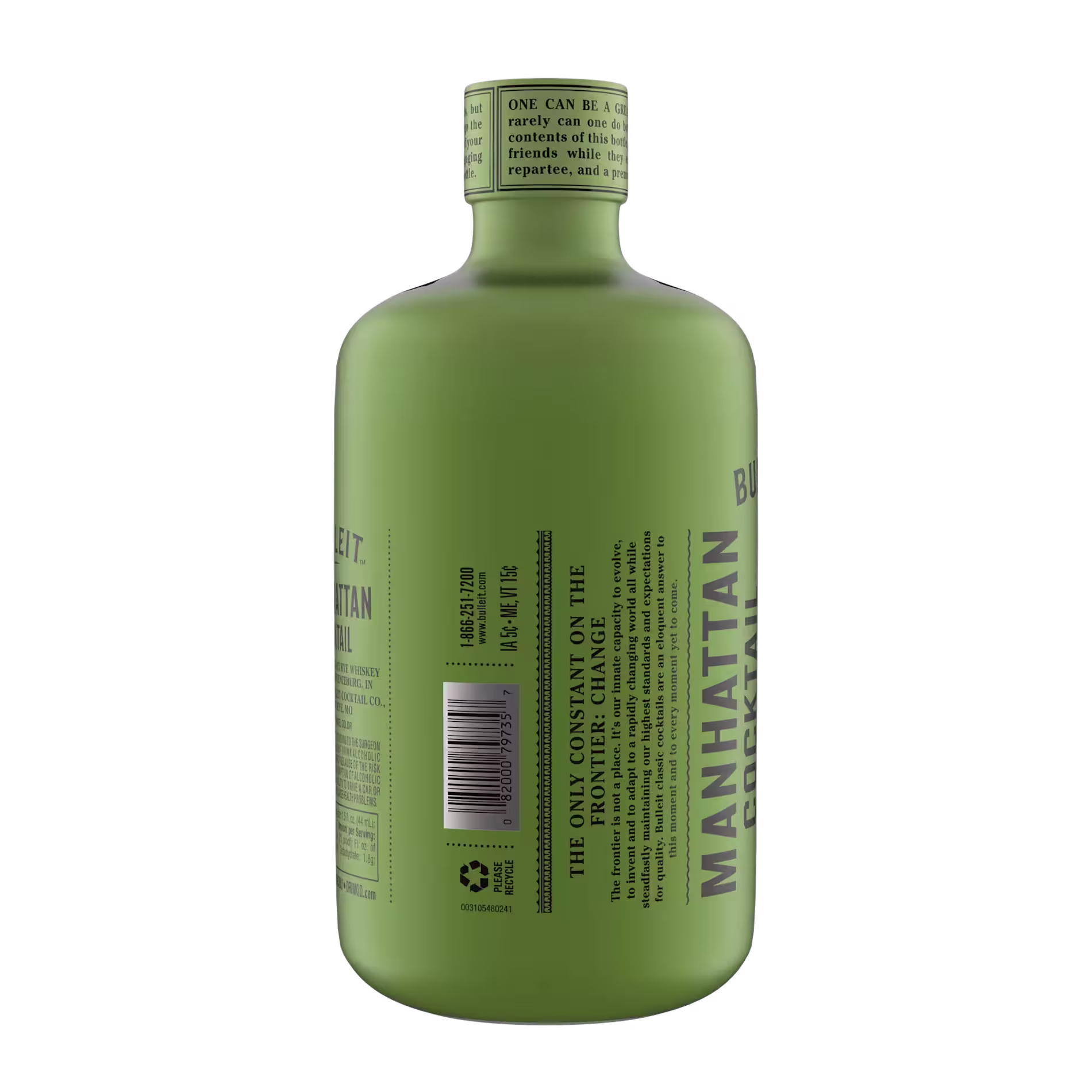 A green bottle labeled Manhattan Cocktail with text and a barcode on the back, viewed from an angle showing both the side and part of the back label.