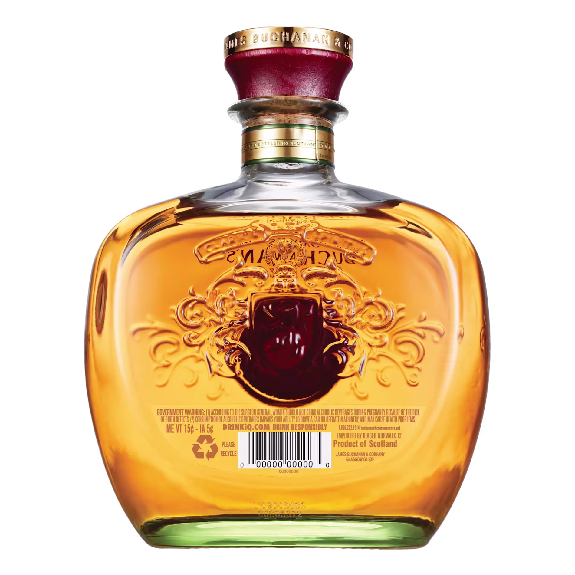 A bottle of Buchanans whisky with an embossed crest, golden liquid inside, and a maroon cap, viewed from the back showing the label and barcode.
