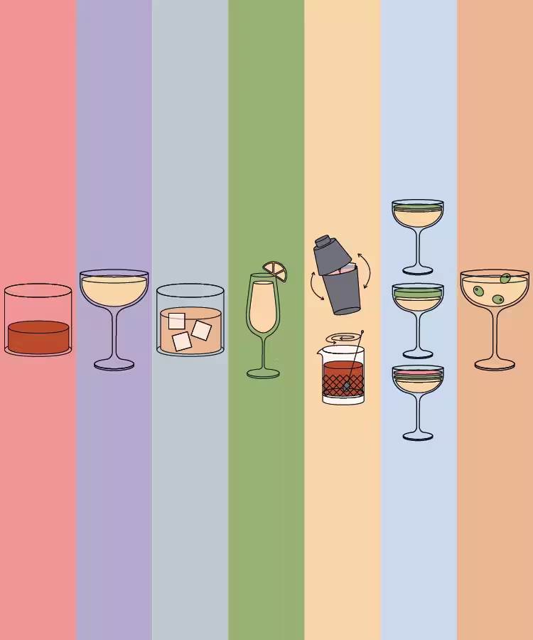 Illustration of various cocktail glasses and drinks on vertical pastel-colored stripes, featuring a shaker, garnishes, and different glassware styles.