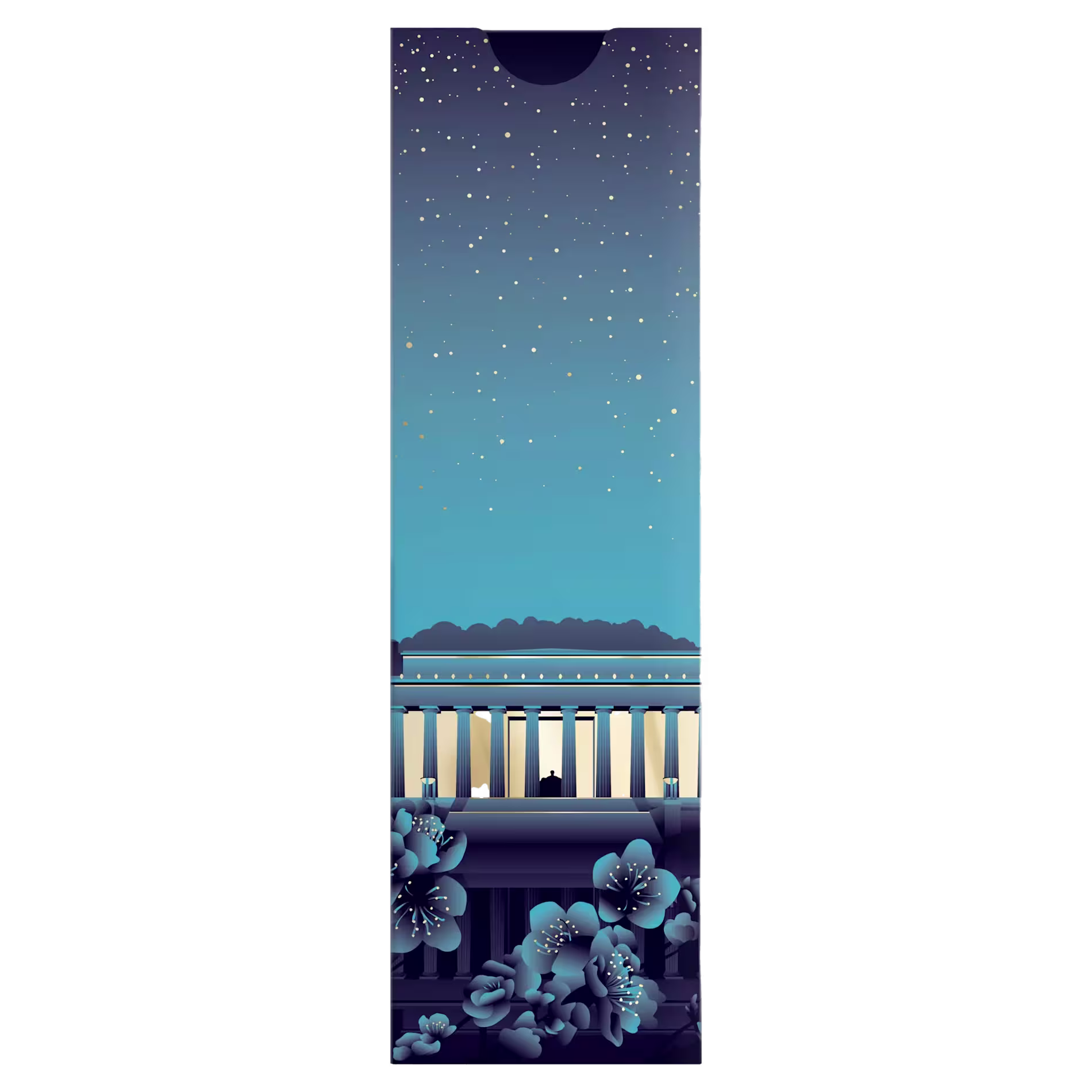 A starry night sky above a lit neoclassical building with people inside; flowers and foliage in the foreground.