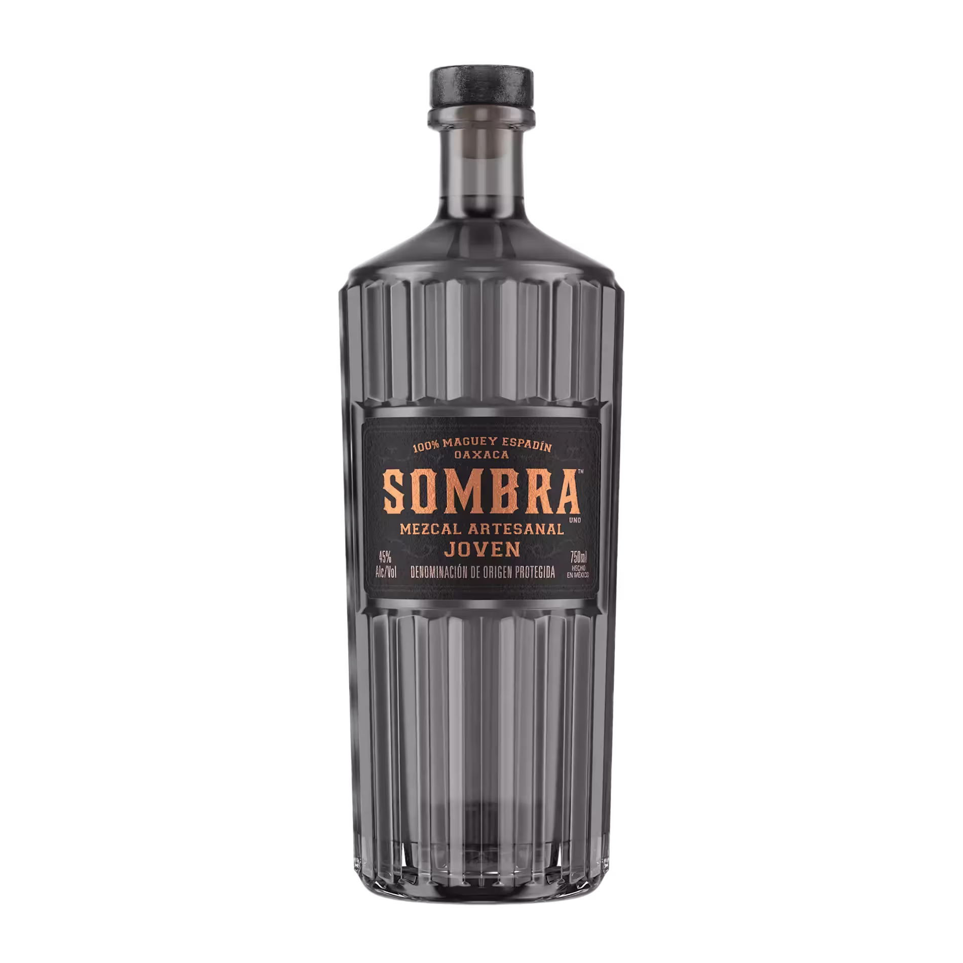 A clear glass bottle of Sombra Mezcal Artesanal Joven with a black and gold label, featuring a screw cap and vertical ridges around the bottle.