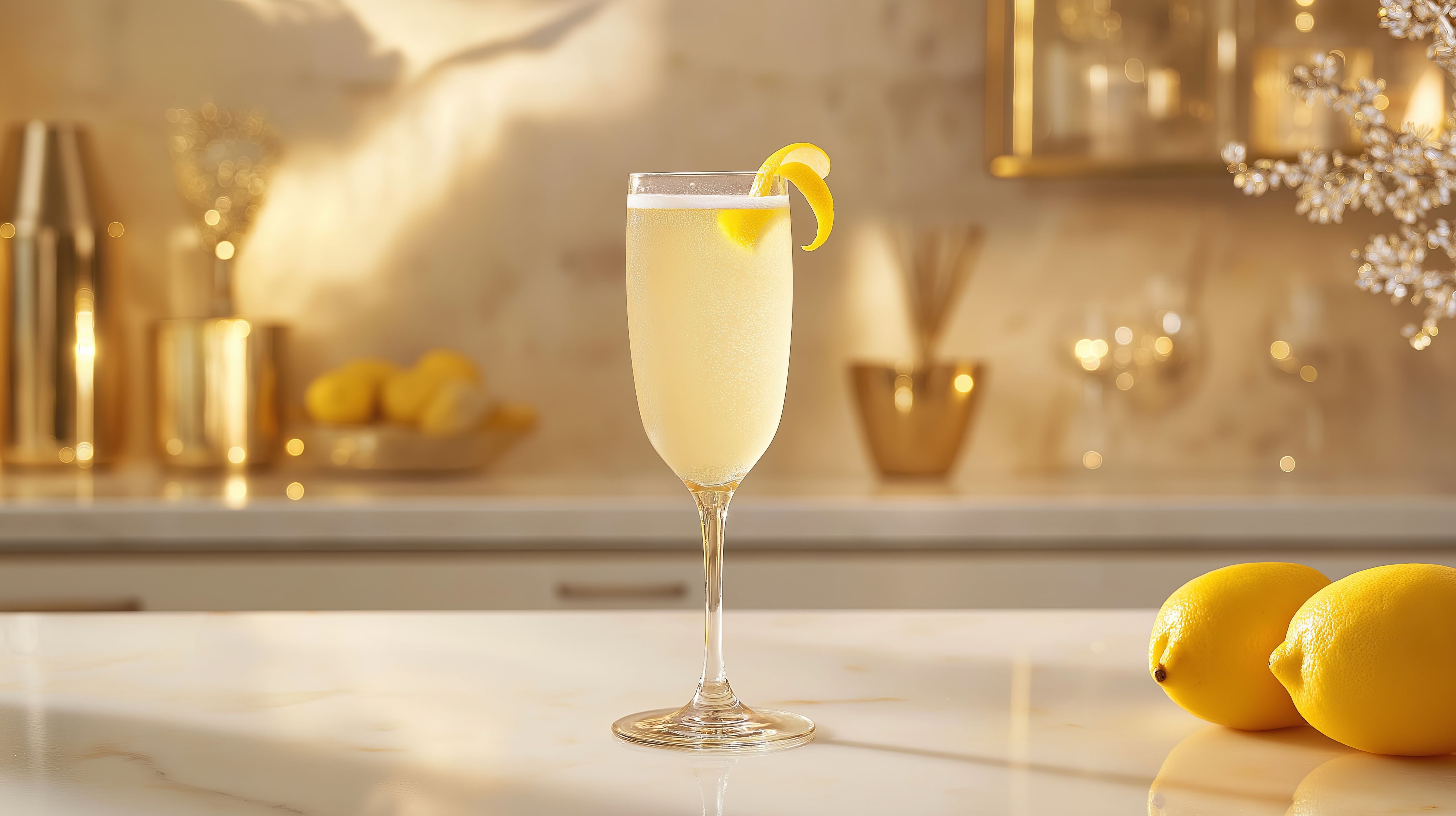 A French 77 cocktail in a Champagne flute with a lemon twist garnish