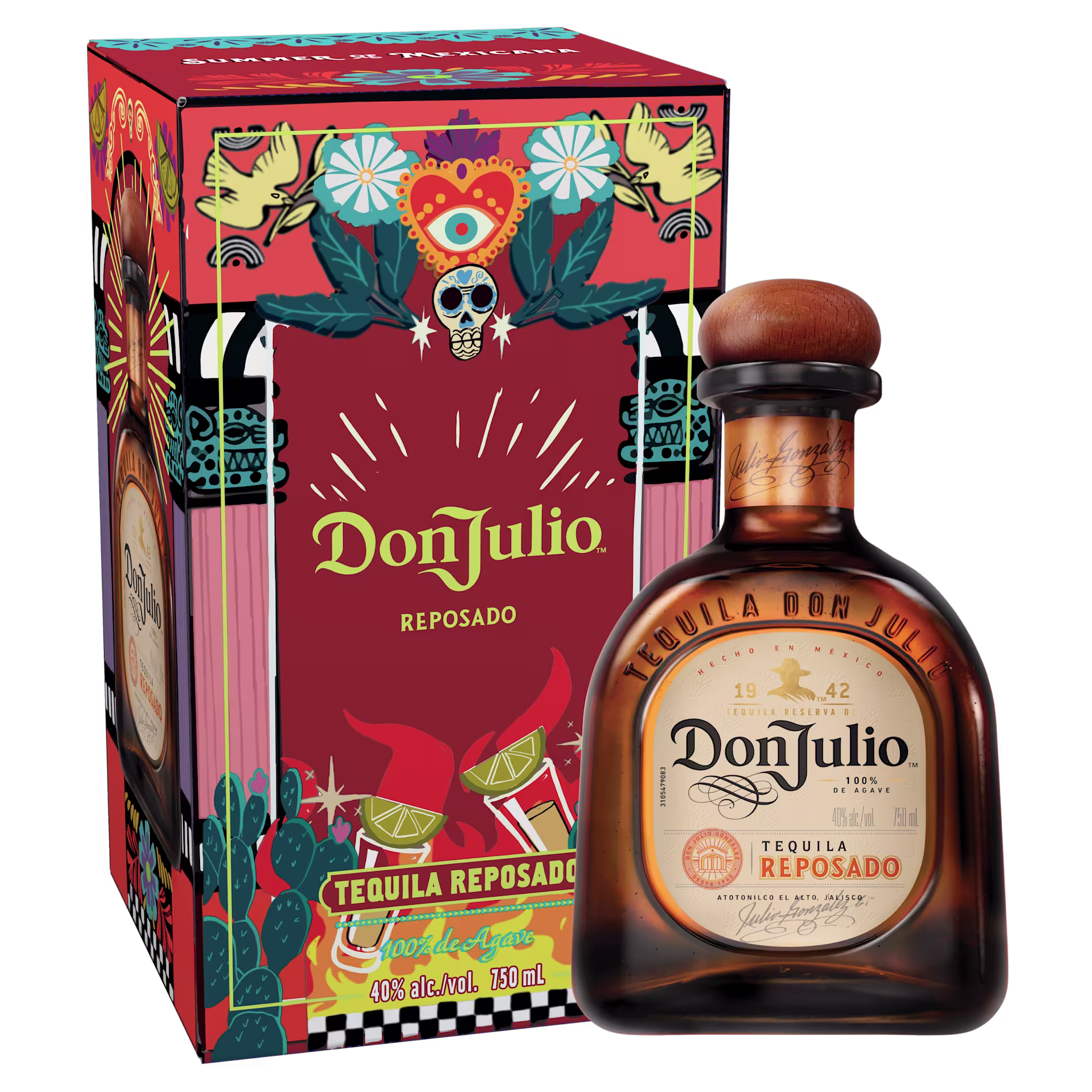 A bottle of Don Julio Reposado tequila is placed in front of its colorful, decorative box featuring floral and skull motifs.