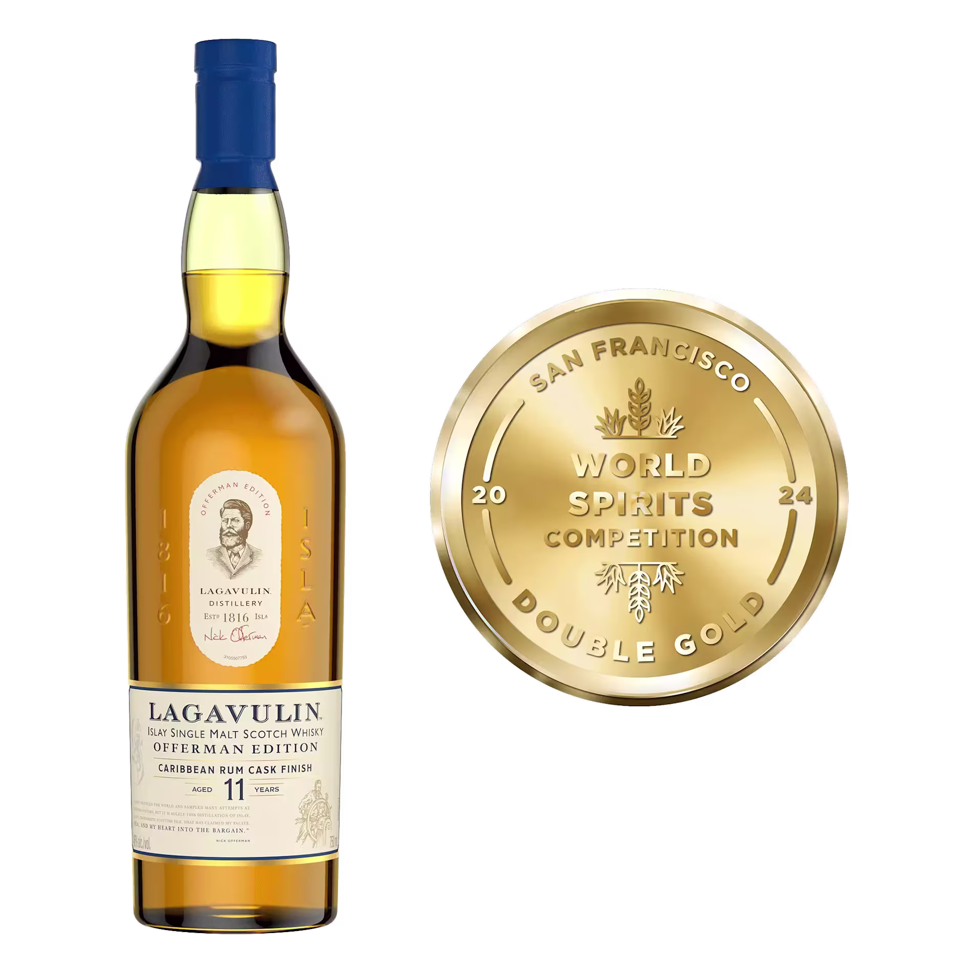 A bottle of Lagavulin 11 Year Old Offerman Edition whisky stands next to a gold medal labeled San Francisco World Spirits Competition 2024 Double Gold.