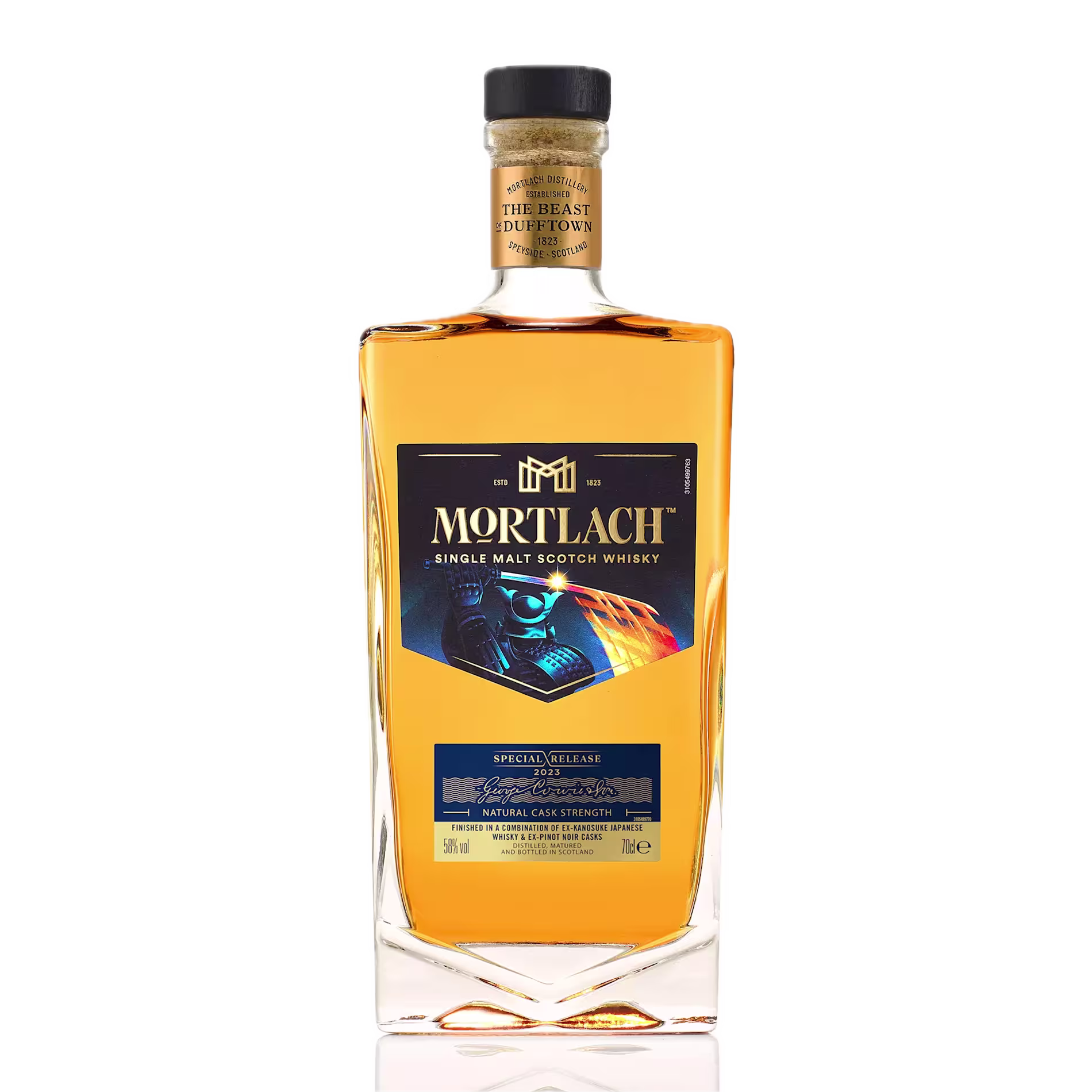 A bottle of Mortlach Single Malt Scotch Whisky with a blue and gold label, labeled Special Release 2024, set against a plain black background.