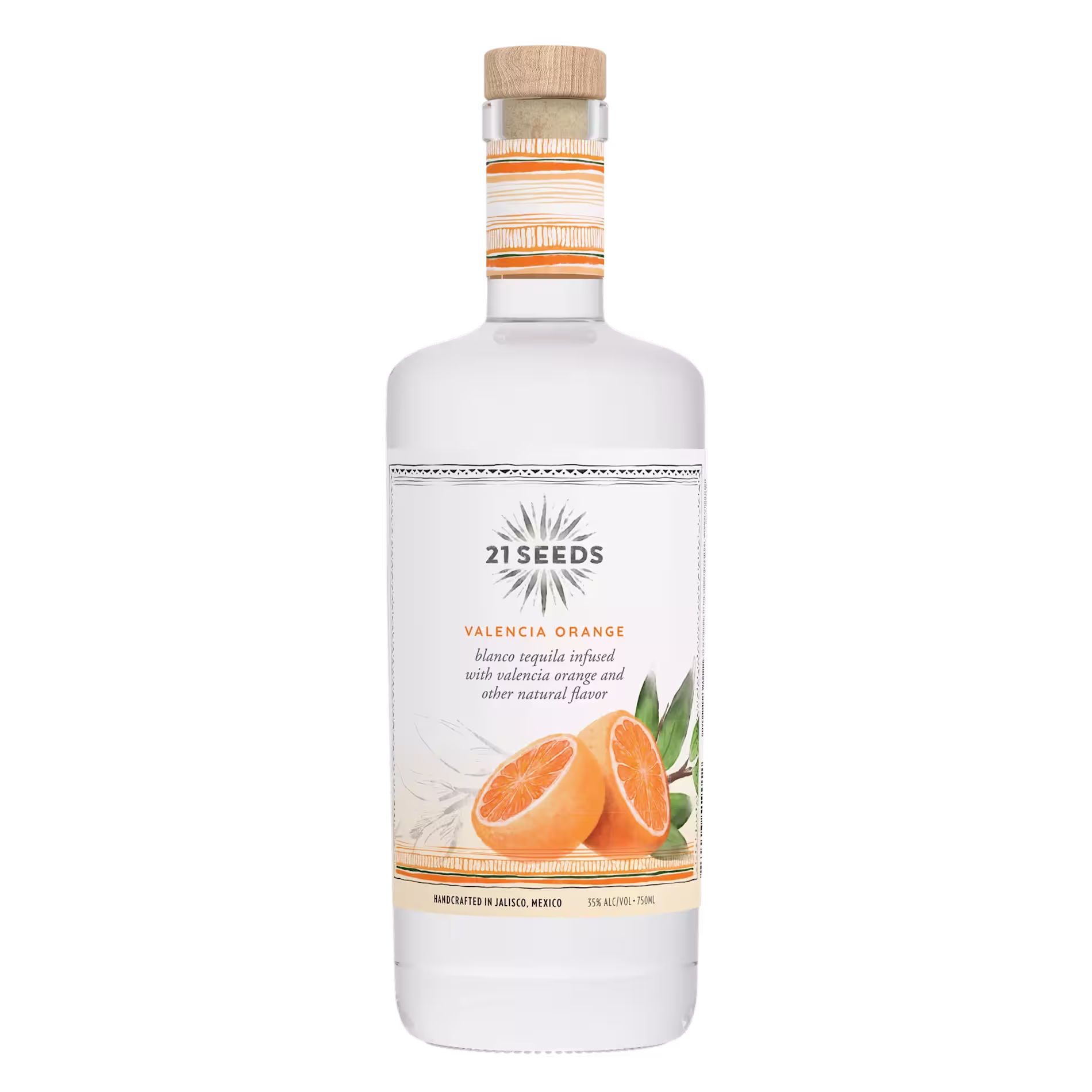 A bottle of 21 Seeds Valencia Orange tequila, featuring a label with an orange slice illustration and text describing its orange and natural flavor infusion.