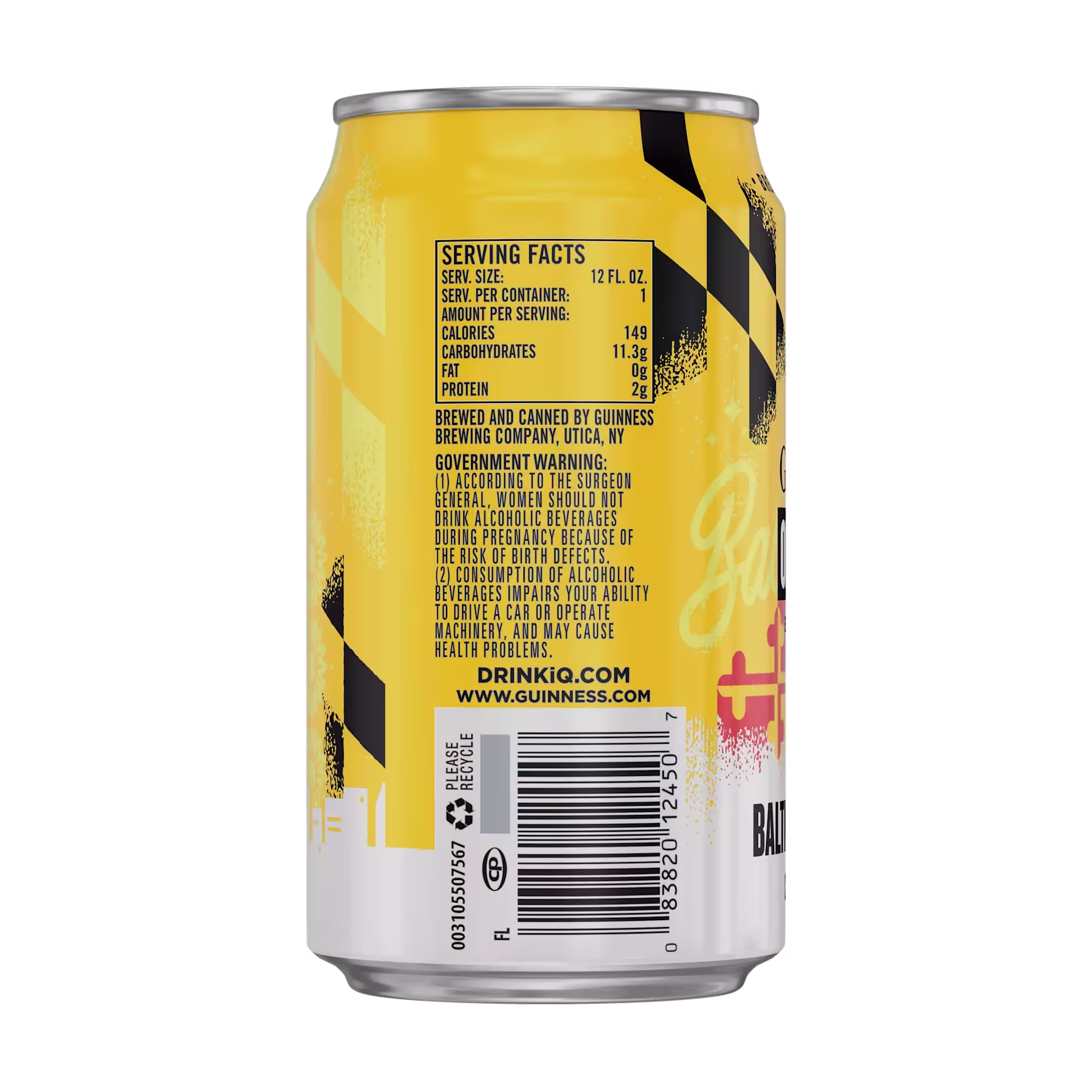 Back of a yellow and white can showing serving facts, ingredients, government warning, barcode, and recycling information.