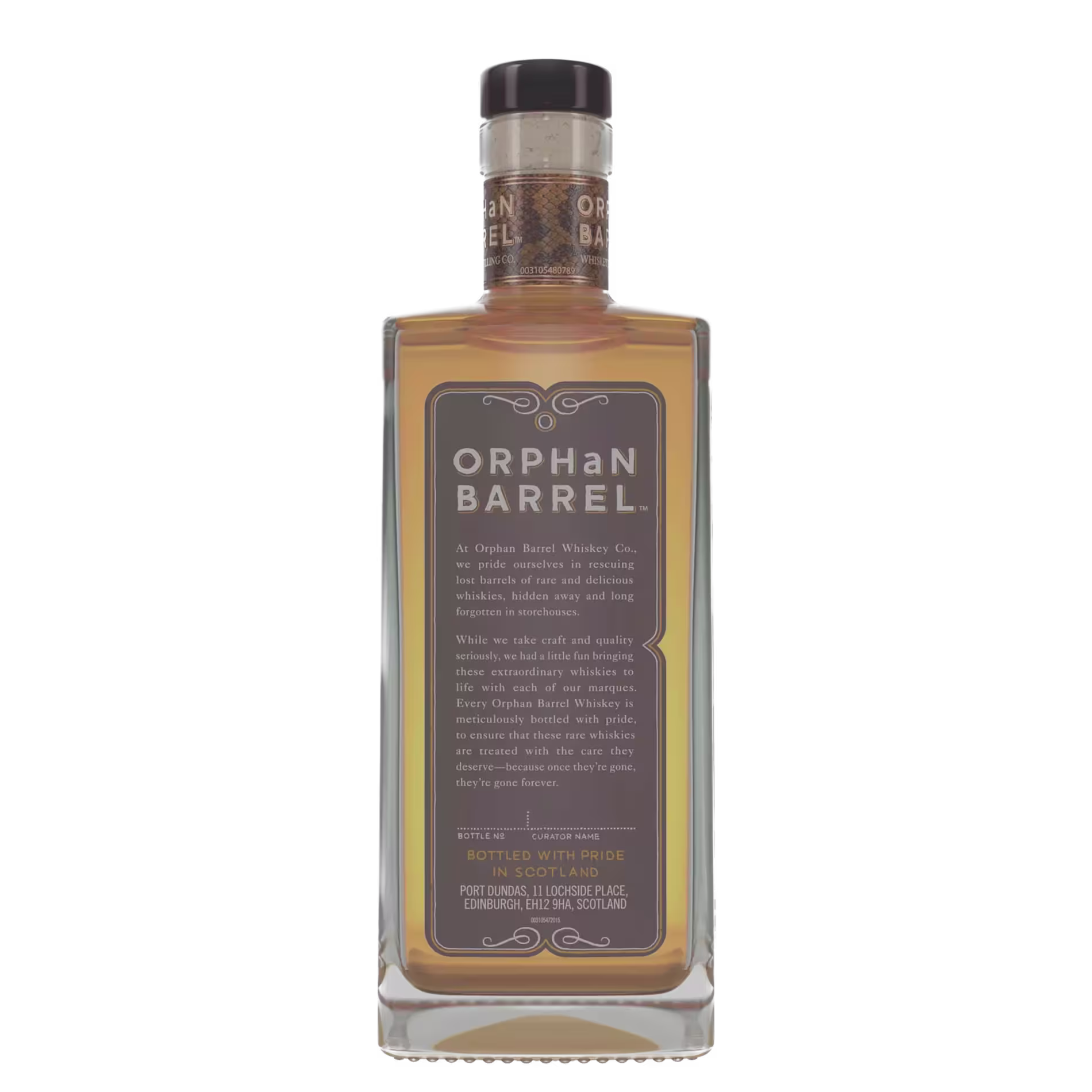 A rectangular bottle of Orphan Barrel whiskey with a brown label featuring text about the brand, and a matching brown and gold cap.