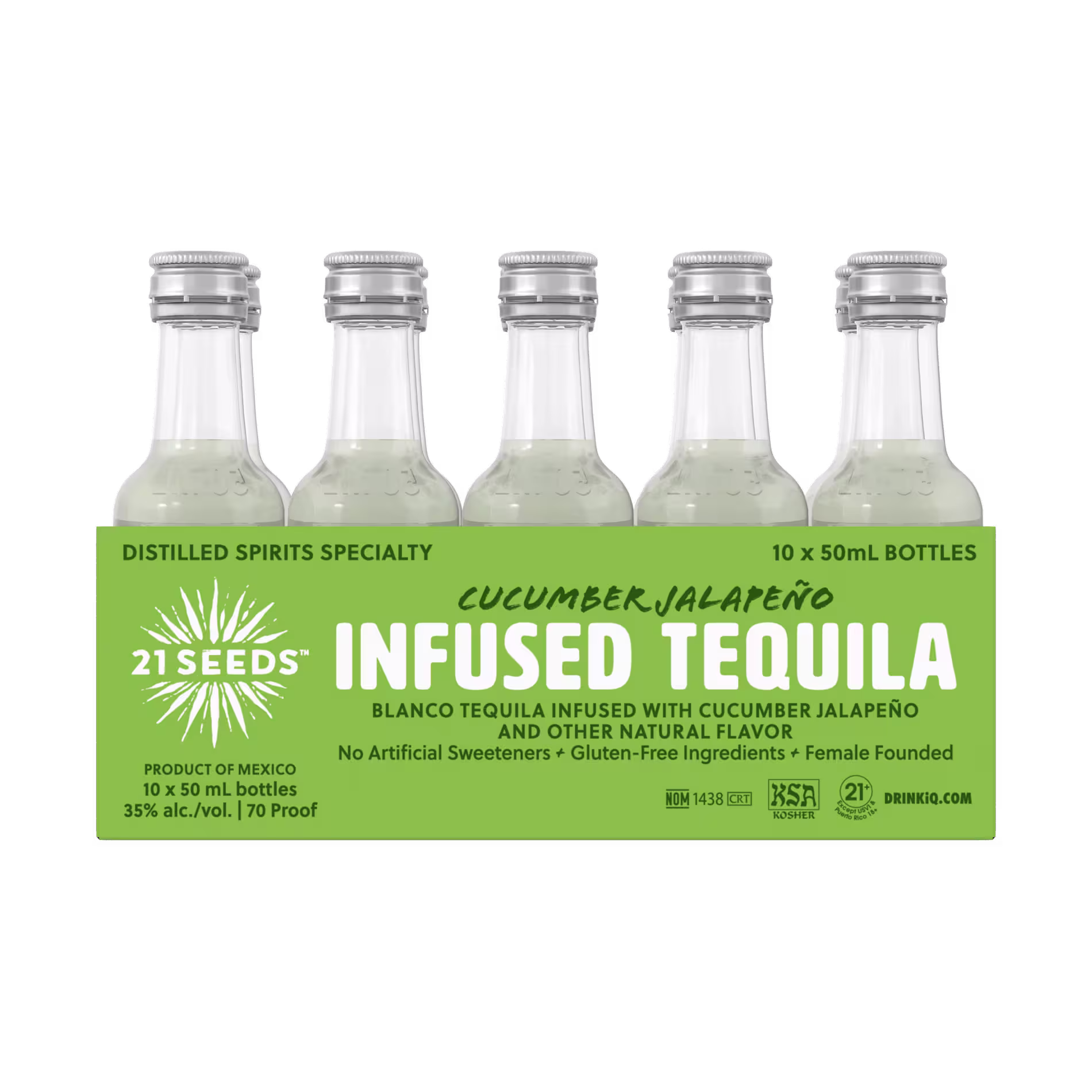 A 4-pack of 21 Seeds Cucumber Jalapeño Infused Tequila mini bottles, labeled as 35% alcohol by volume, gluten-free, and containing no artificial sweeteners.