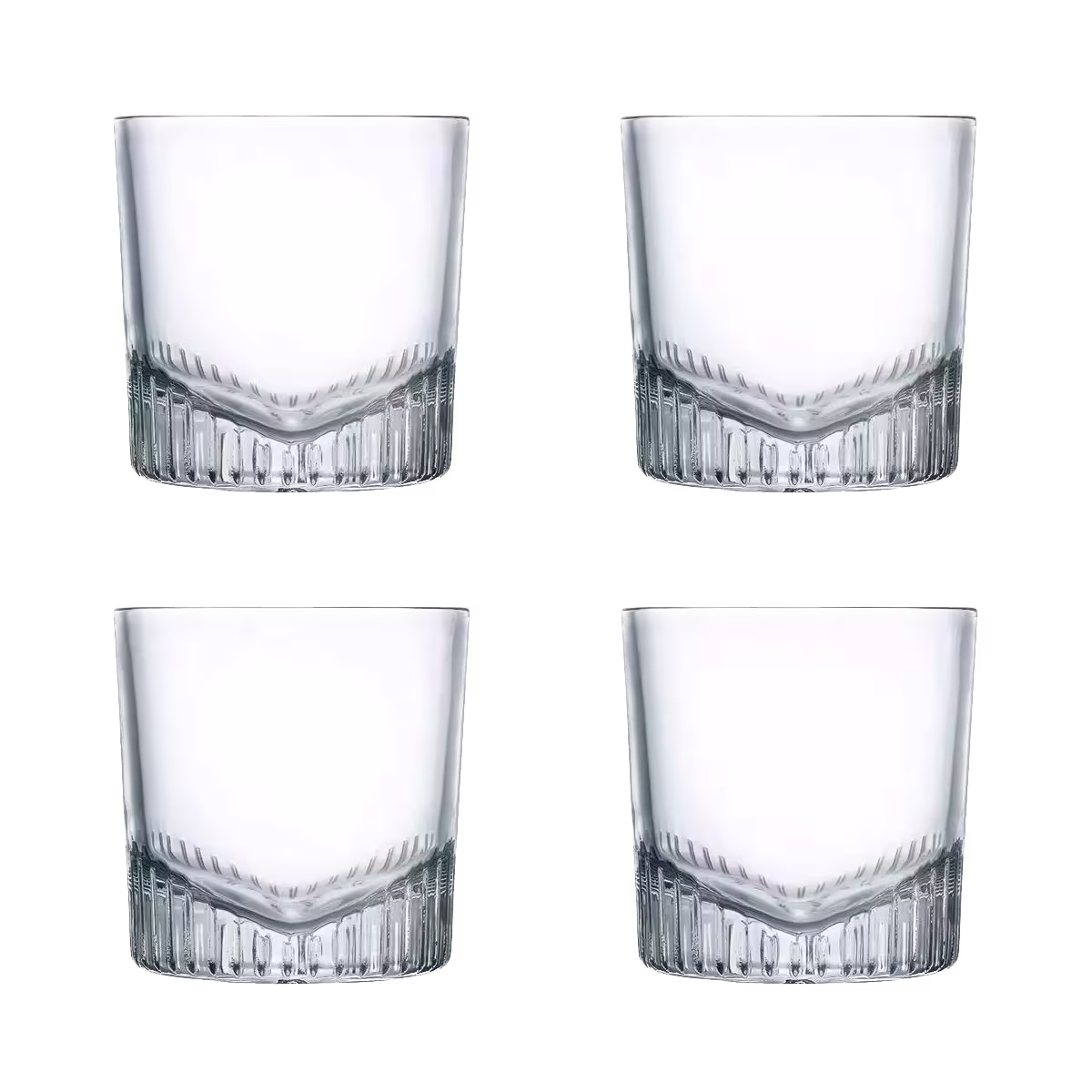 Four clear, empty glass tumblers with thick, textured bases are arranged in a two-by-two grid on a black background.