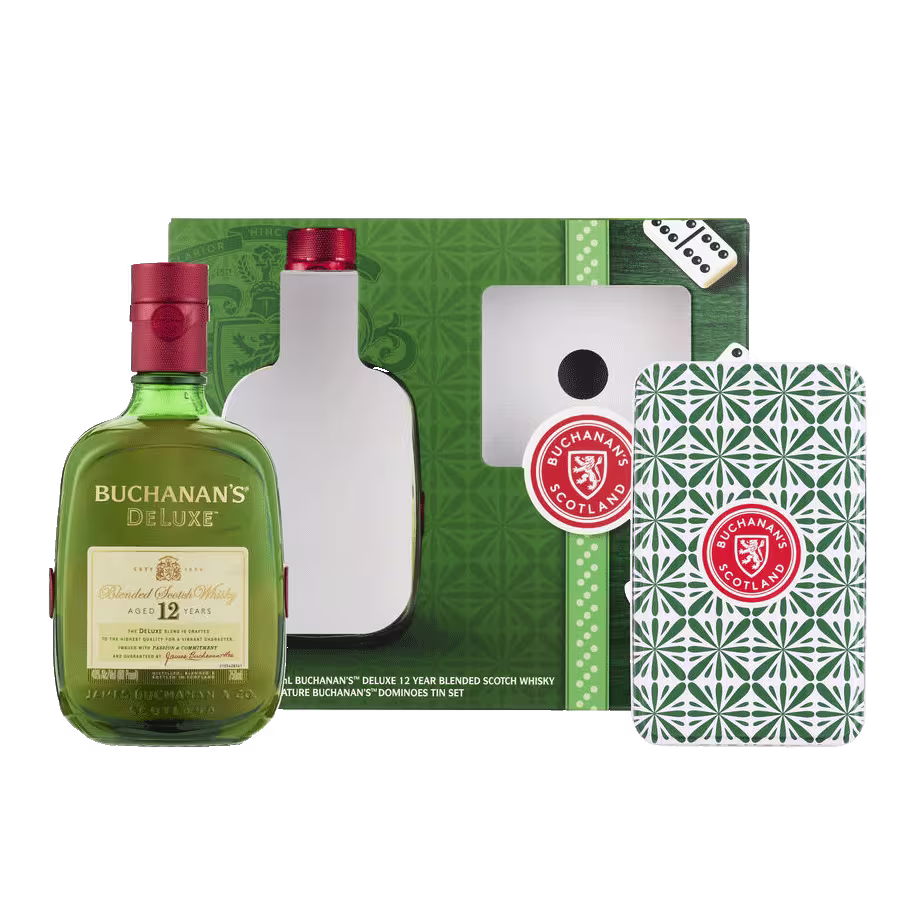 A bottle of Buchanans Deluxe 12 Year Blended Scotch Whisky alongside a tin gift set with a card and decorative packaging.