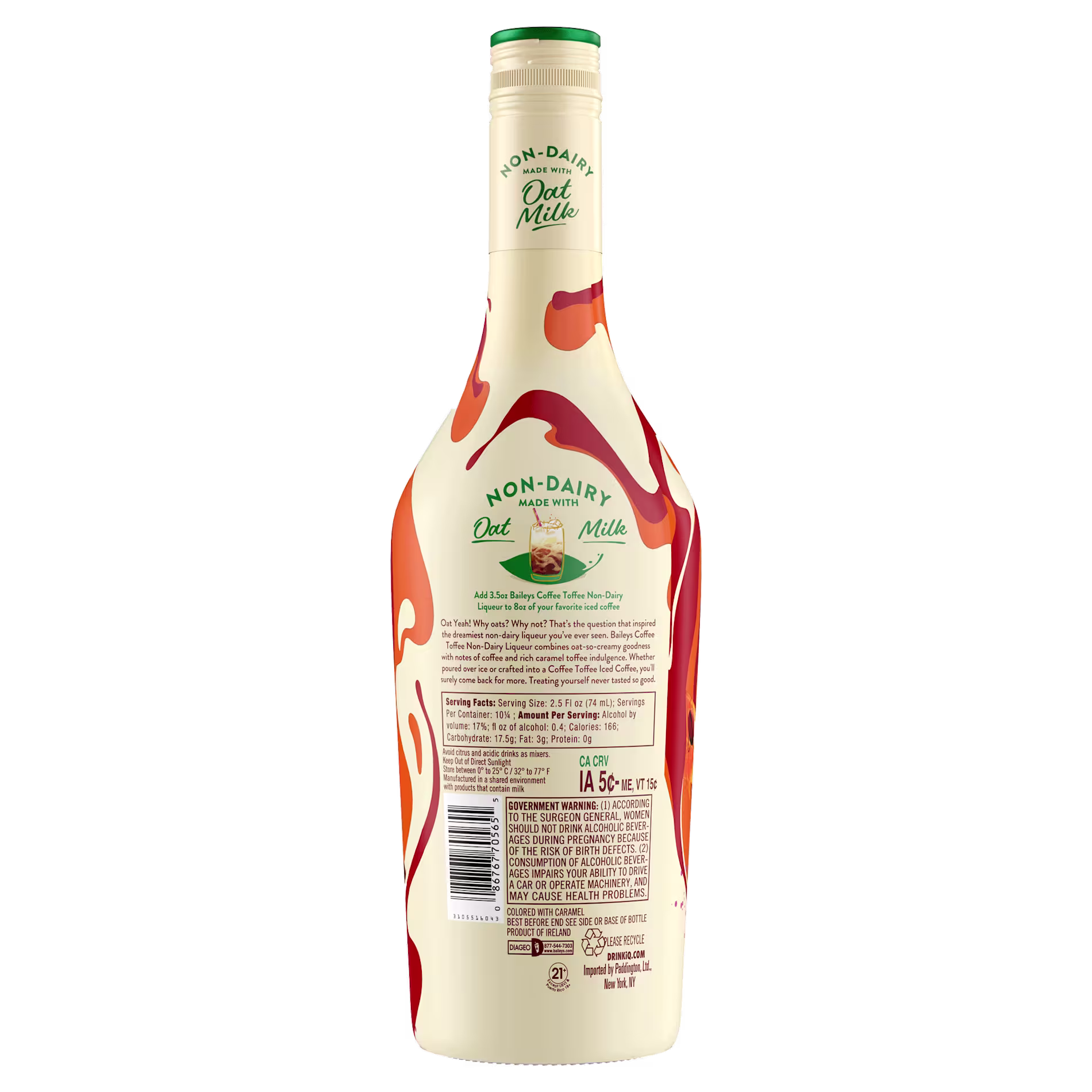 A bottle of Baileys Non-Dairy Oat Milk Liqueur with a cream and brown swirl design, featuring a label highlighting its plant-based ingredients.