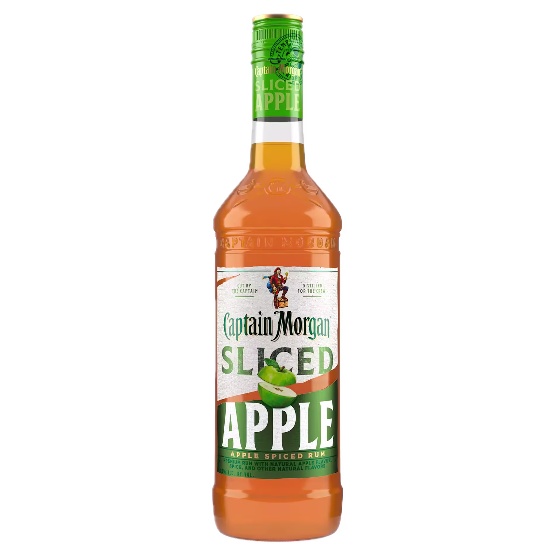 A bottle of Captain Morgan Sliced Apple apple spiced rum with a green label and sliced apple graphics on the front.