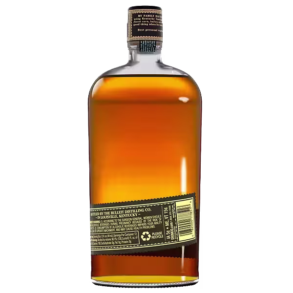 A bottle of whiskey shown from the back, displaying amber liquid and label text, including a recycling symbol near the bottom.