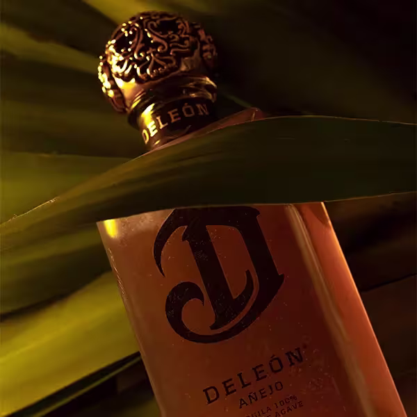 A bottle of DeLeón Añejo tequila with an ornate gold cap, partially obscured by green leaves, shown in warm lighting.