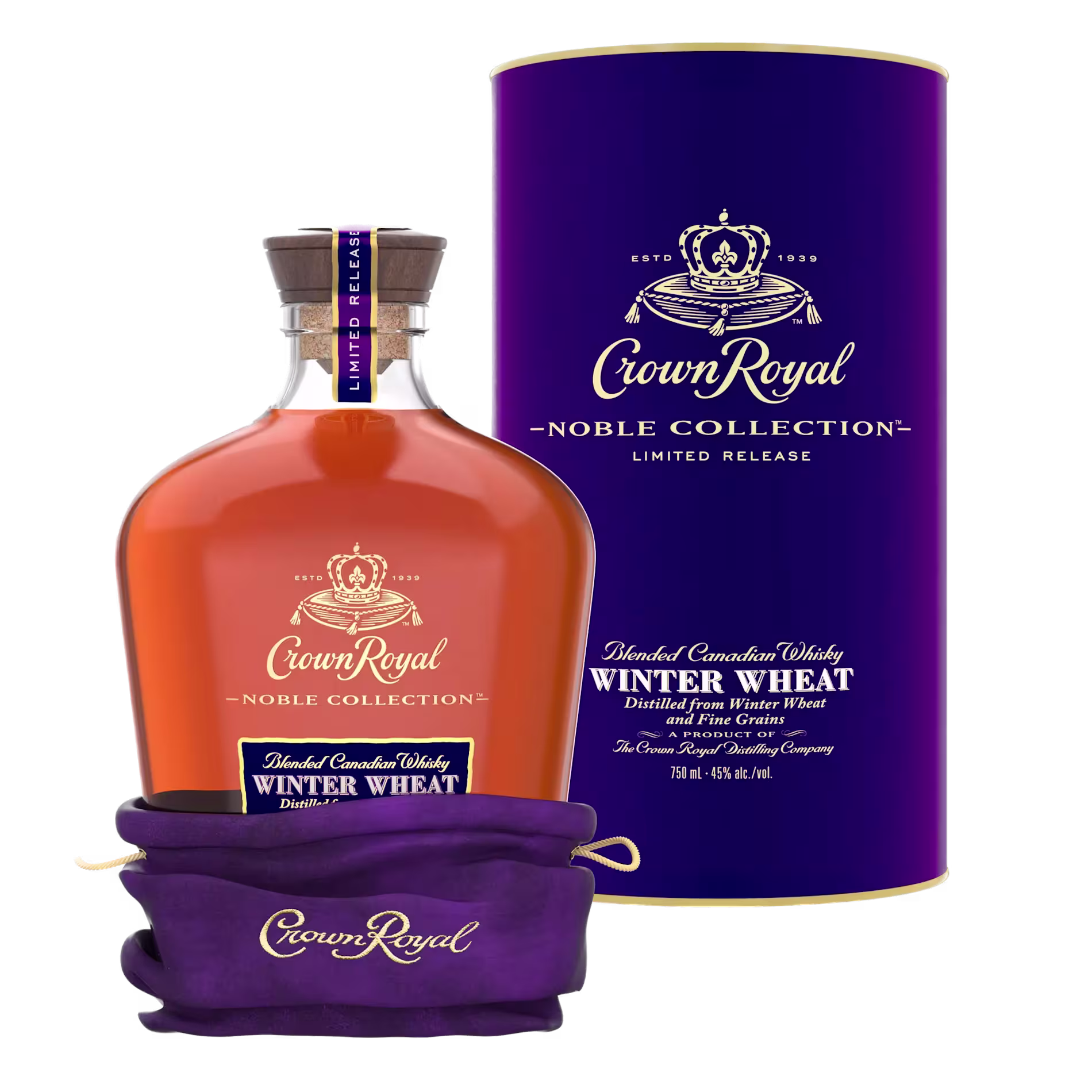 Crown Royal Noble Collection Winter Wheat whisky bottle with purple pouch and cylindrical packaging, all featuring gold and white branding.
