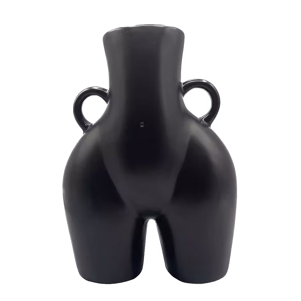 A black ceramic vase with a rounded, dual-chamber base, two small side handles, and a narrow neck.