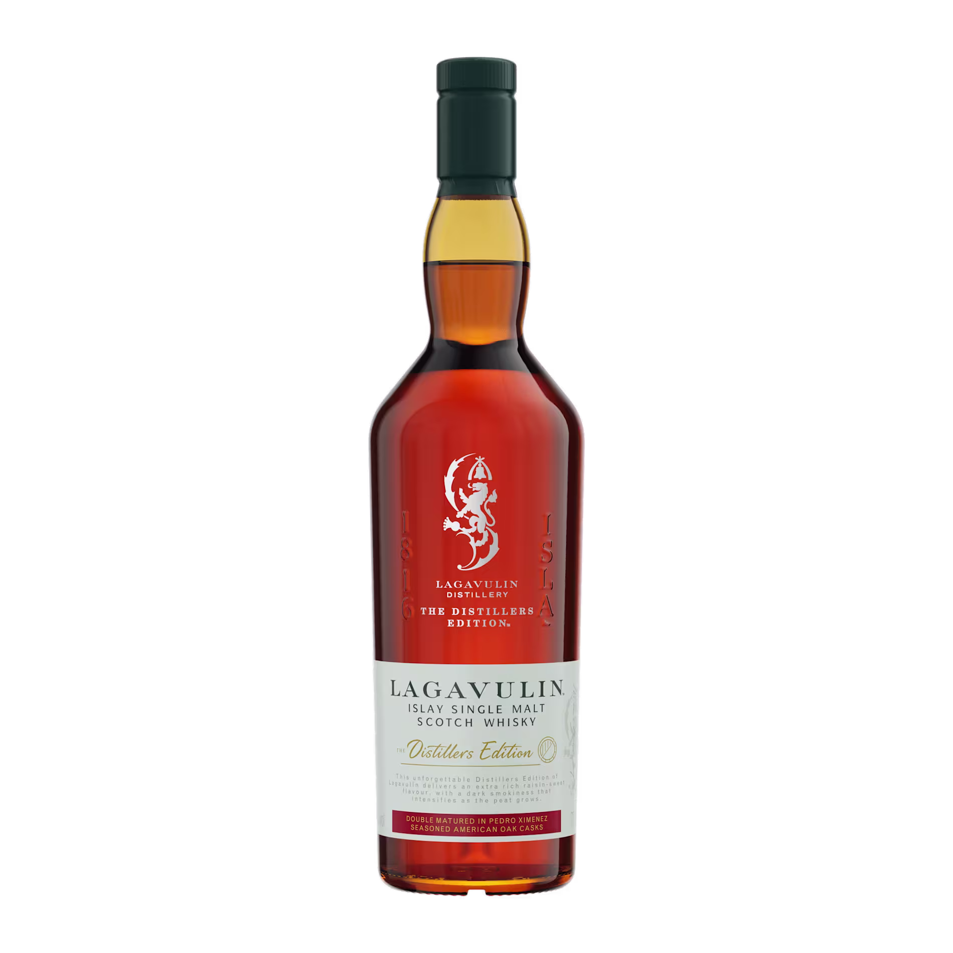 A bottle of Lagavulin Islay Single Malt Scotch Whisky, Distillers Edition, with a dark amber liquid and a cream-colored label.