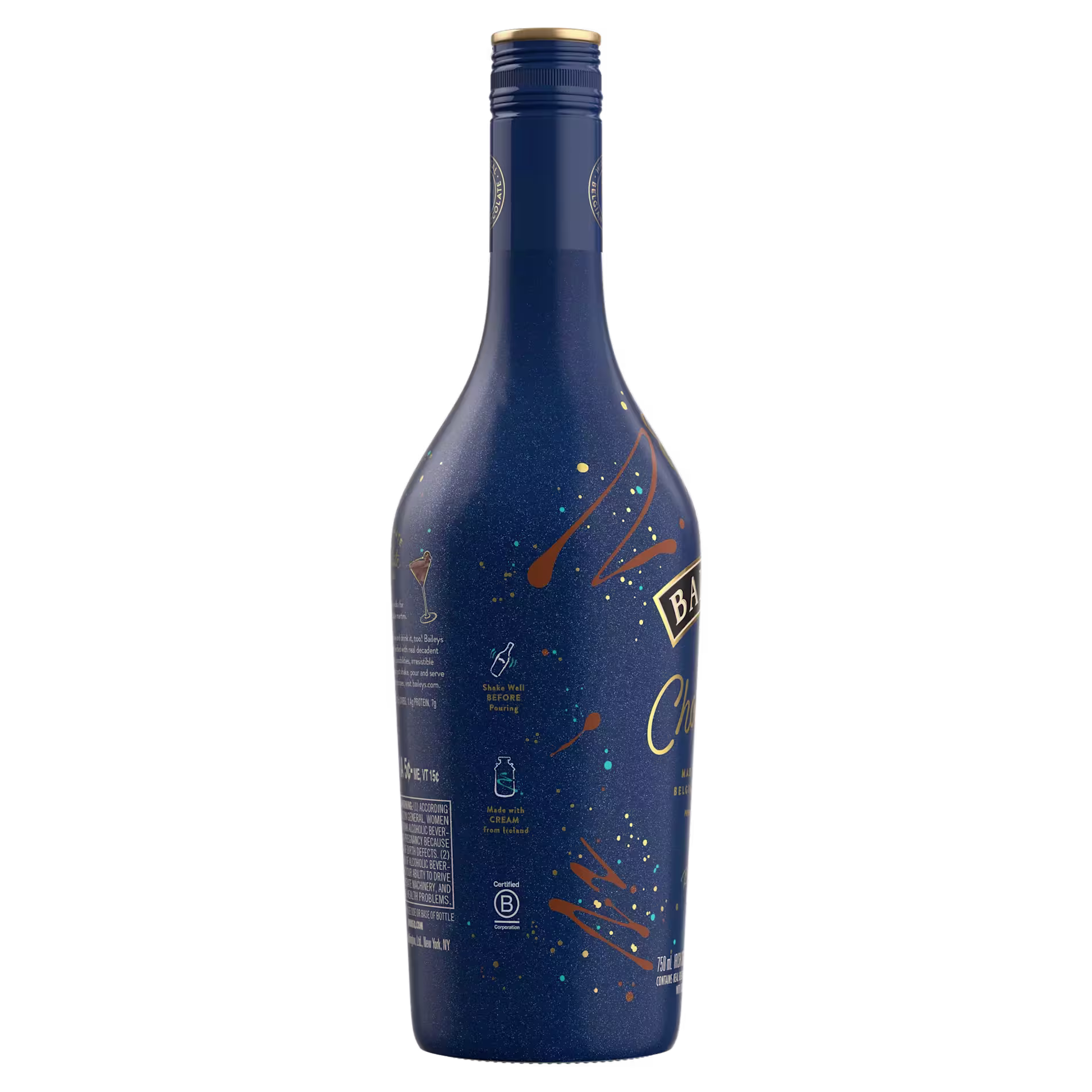A dark blue bottle with gold and orange decorative accents, displaying some text, icons, and symbols on its surface. The bottle has a sealed cap.