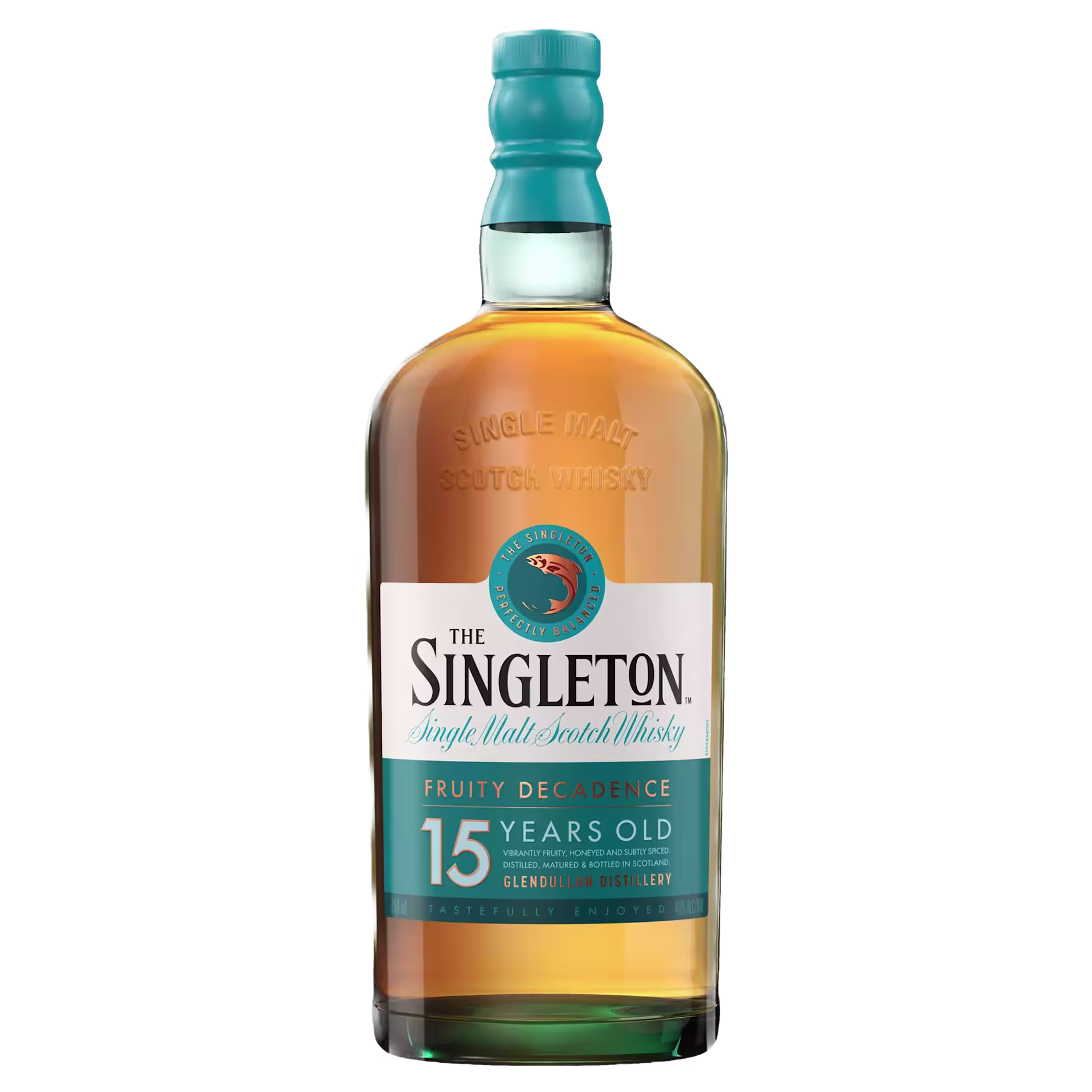 A bottle of The Singleton Single Malt Scotch Whisky, labeled Fruity Decadence, 15 Years Old, with teal and gold accents on the label and cap.