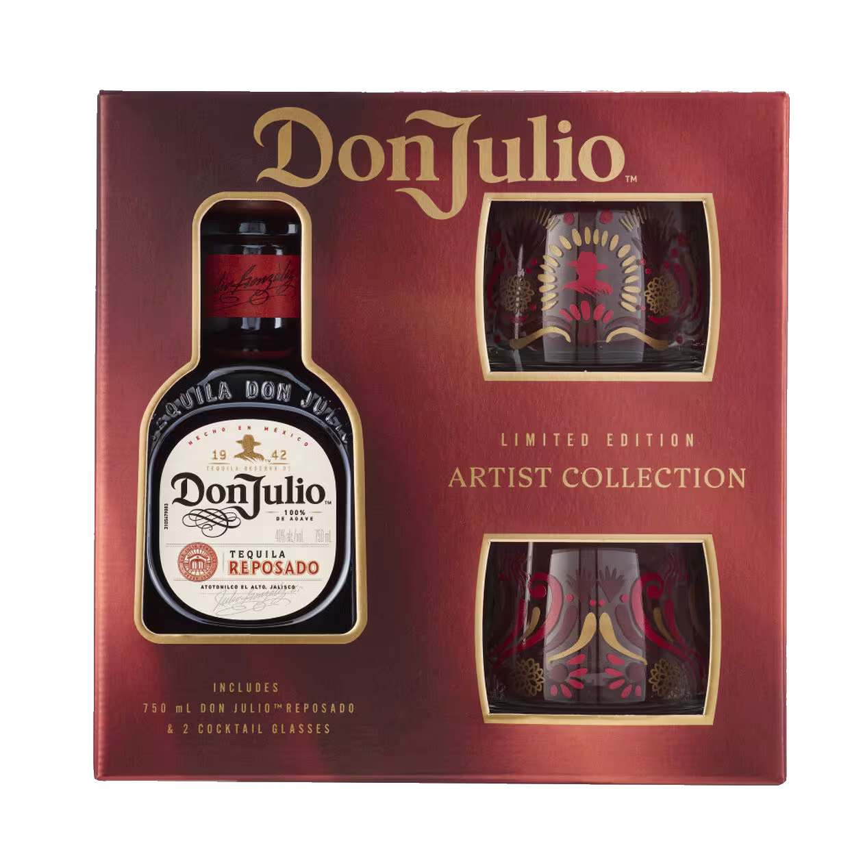 Don Julio Reposado Tequila Artist Collection gift set with a 750ml bottle and two decorated cocktail glasses in a red box.