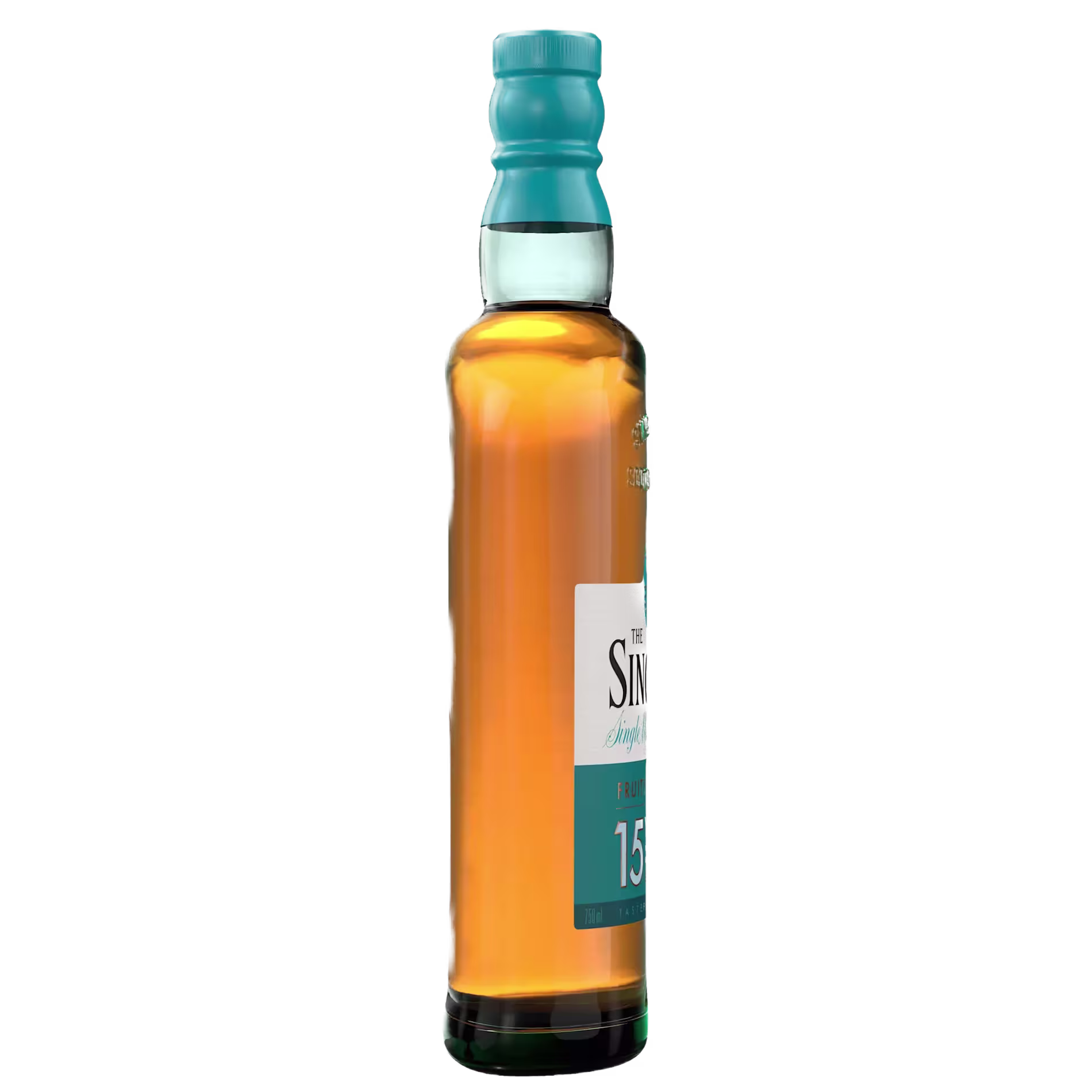 A bottle of single malt whisky with a teal cap and label displaying 15 on the front, set against a black background.
