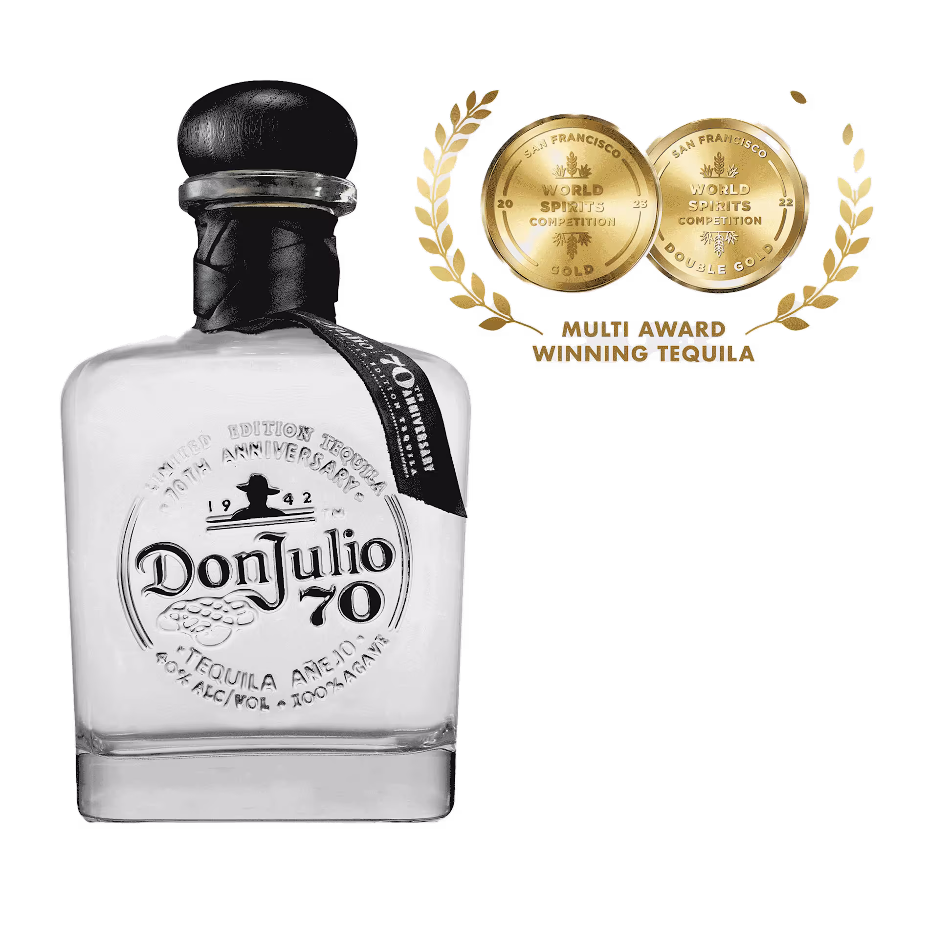 A bottle of Don Julio 70 tequila with two gold award medals and text stating Multi Award Winning Tequila displayed beside it.