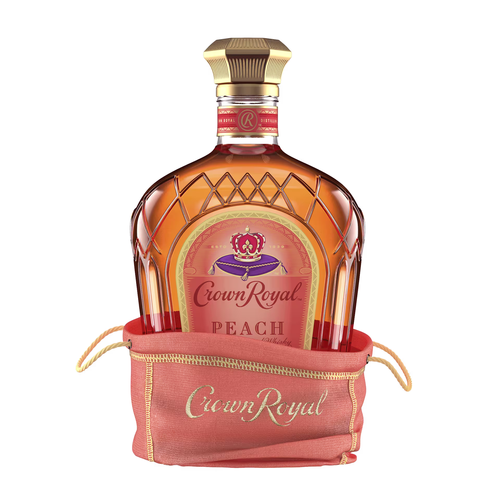 A bottle of Crown Royal Peach whisky inside a peach-colored fabric bag with gold Crown Royal text on the front.
