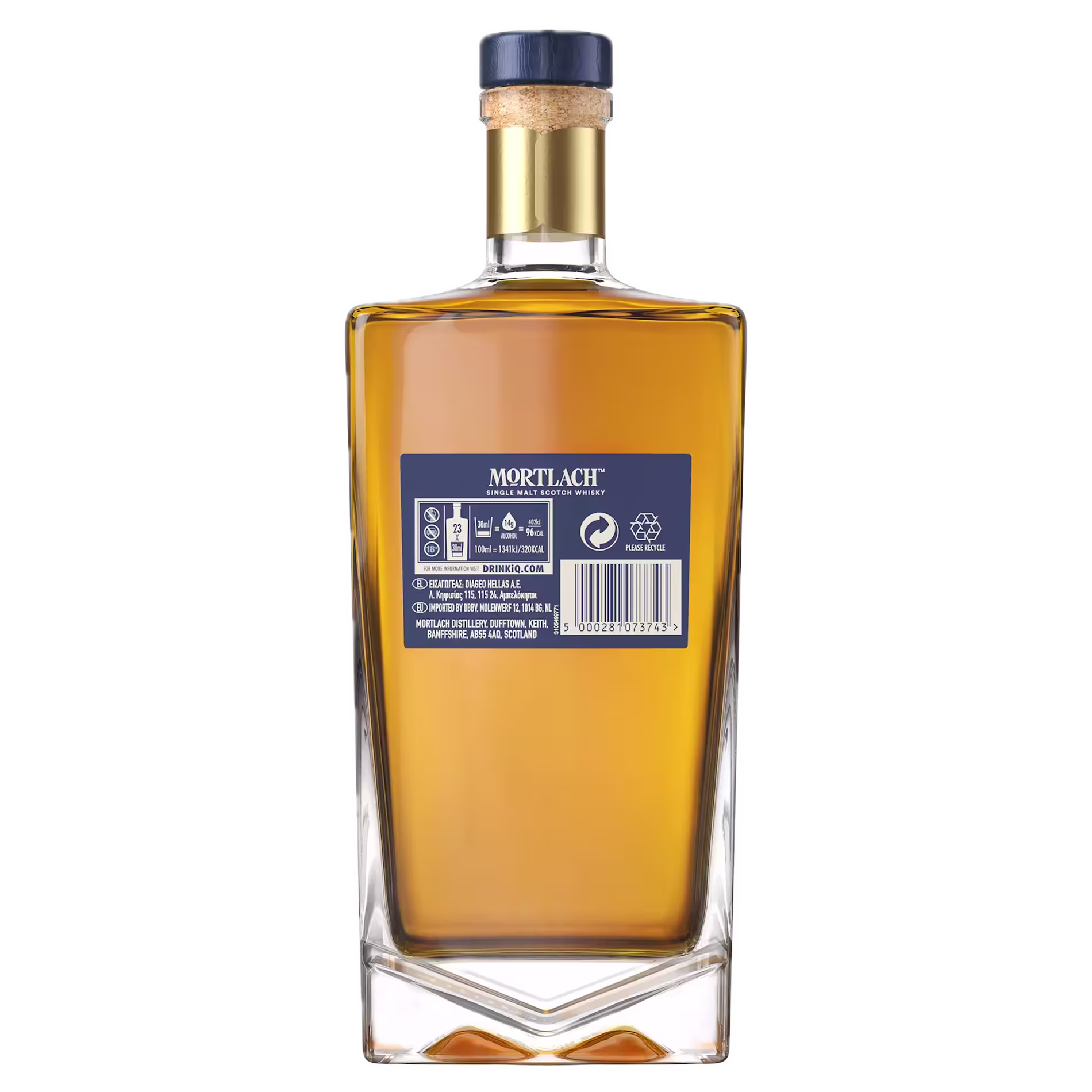 A bottle of Mortlach whisky with a blue label and cork stopper, photographed from the back showing product information and barcode.
