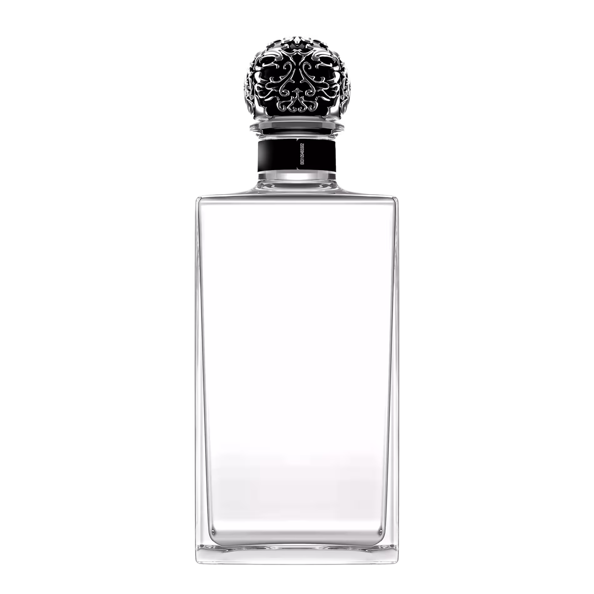 Clear rectangular perfume bottle with an ornate black and silver cap, pictured against a plain black background.