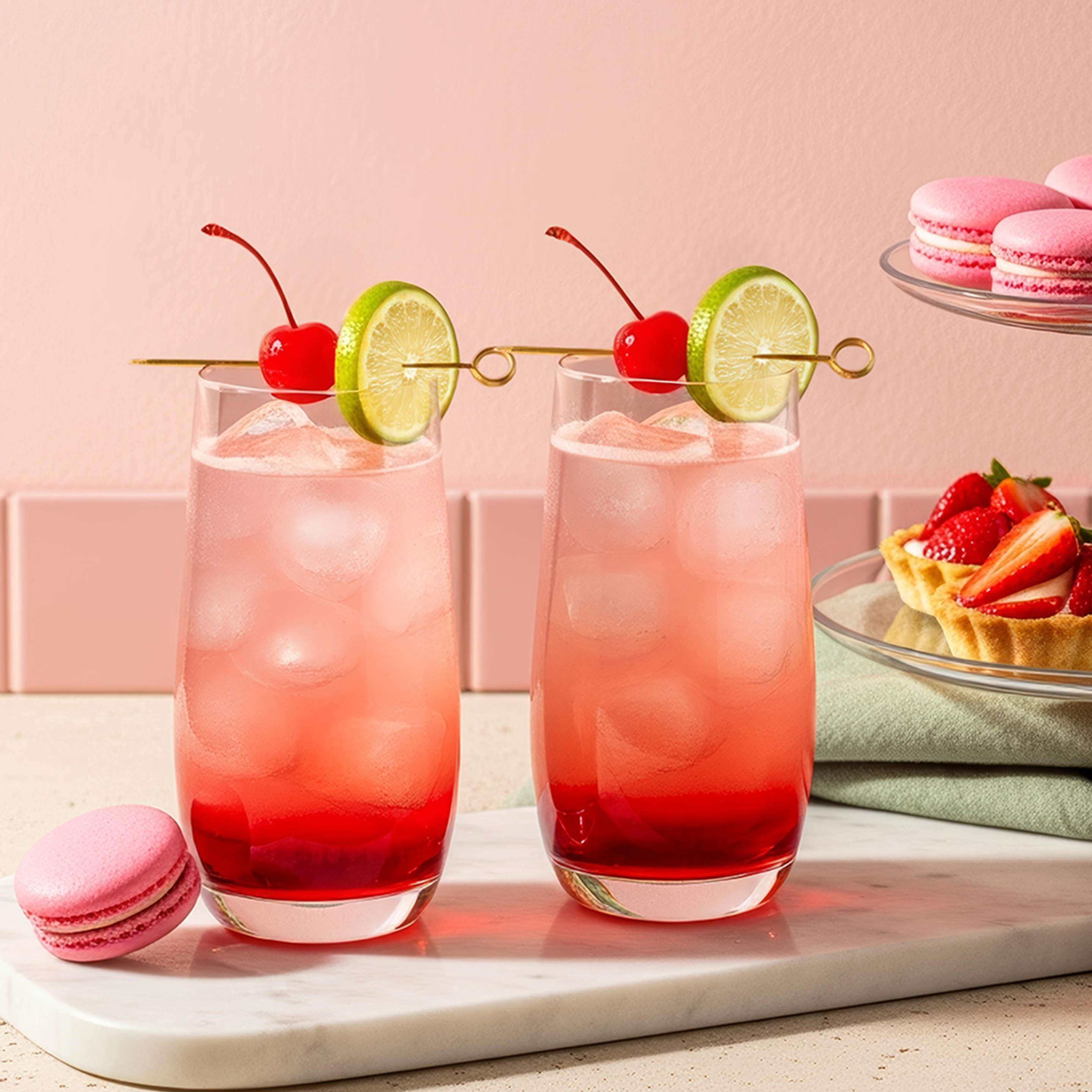 Two Shirley Temple cocktails, topped with a cherry and lime slice garnish, sit on a counter, surrounded by pink macaroons and strawberry tarts.